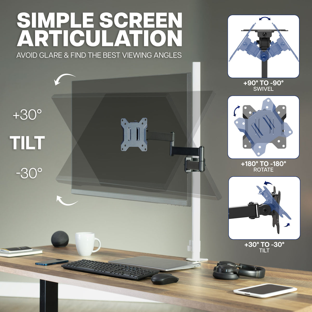 Adjustable monitor pole mount with tilt, swivel, and rotation for customized screen positioning
