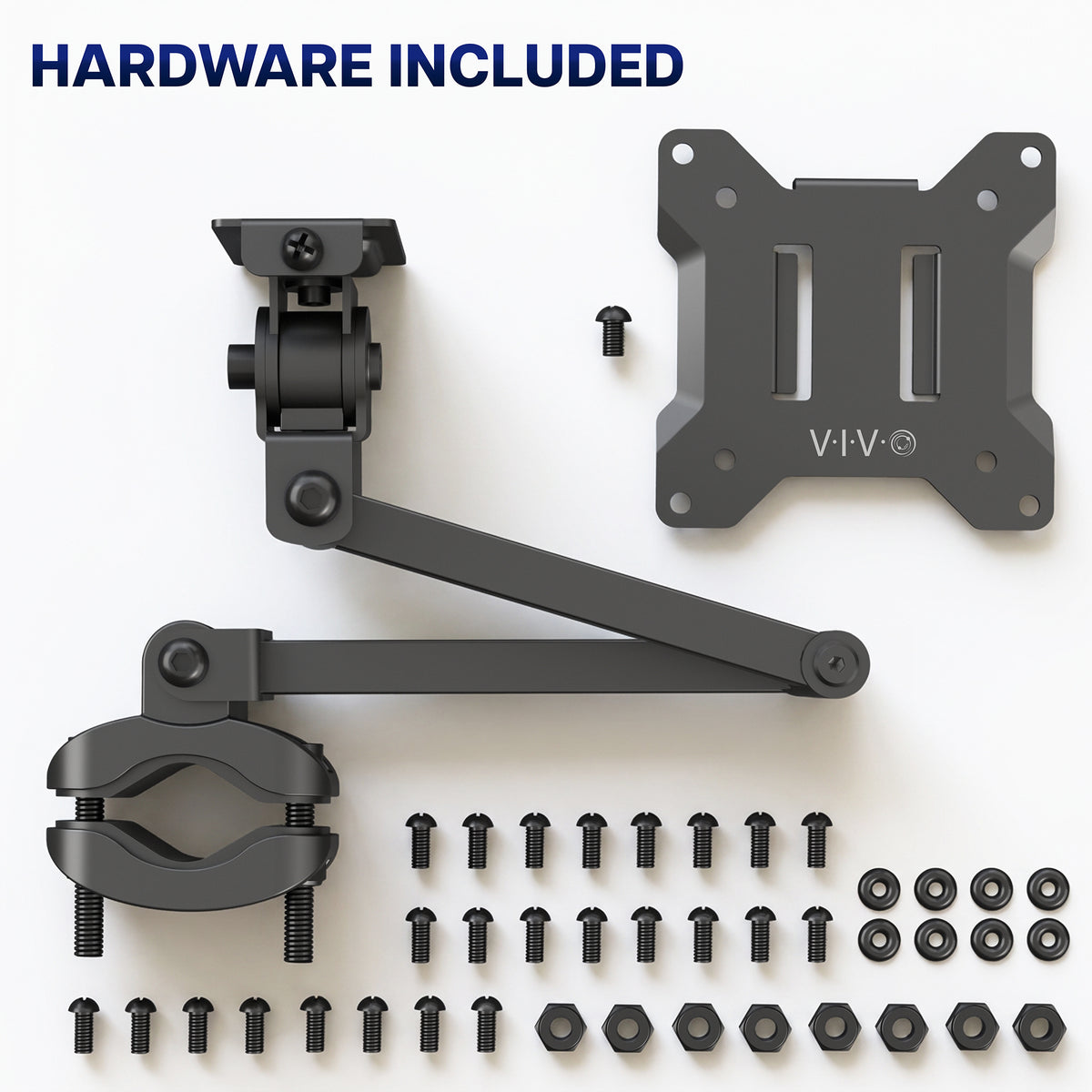 VESA monitor arm pole mount with articulating arm, mounting plate, pole clamp, and installation hardware