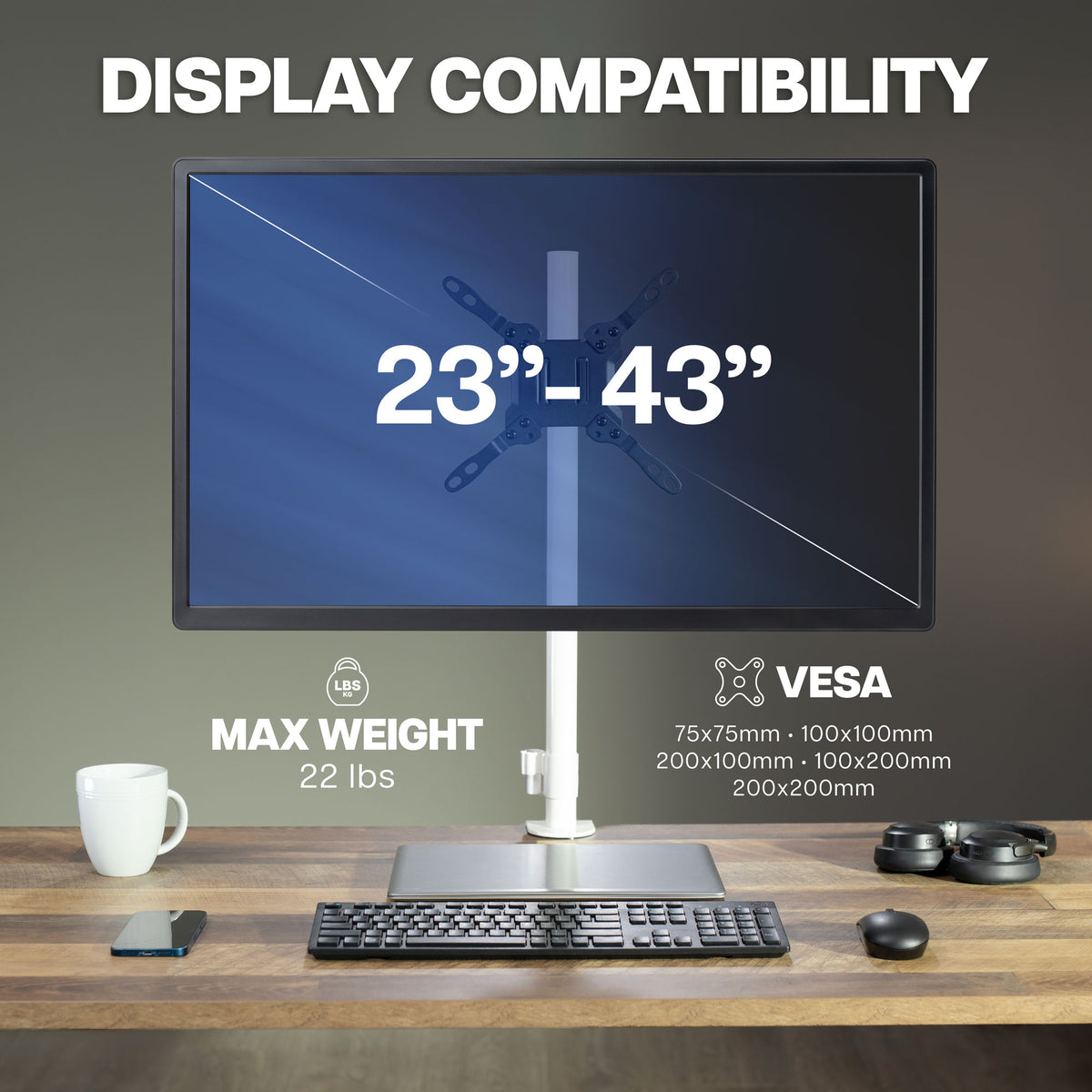 VESA pole mount compatible with 23-inch to 43-inch monitors, TVs, and flat-screen displays