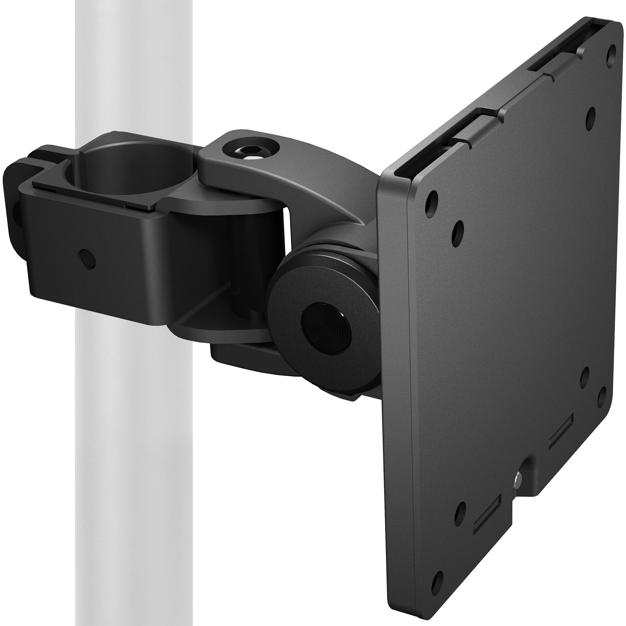 Pole mounted monitor bracket for ultrawide or standard screens with a quick-release bracket and tilt, swivel, and rotation.