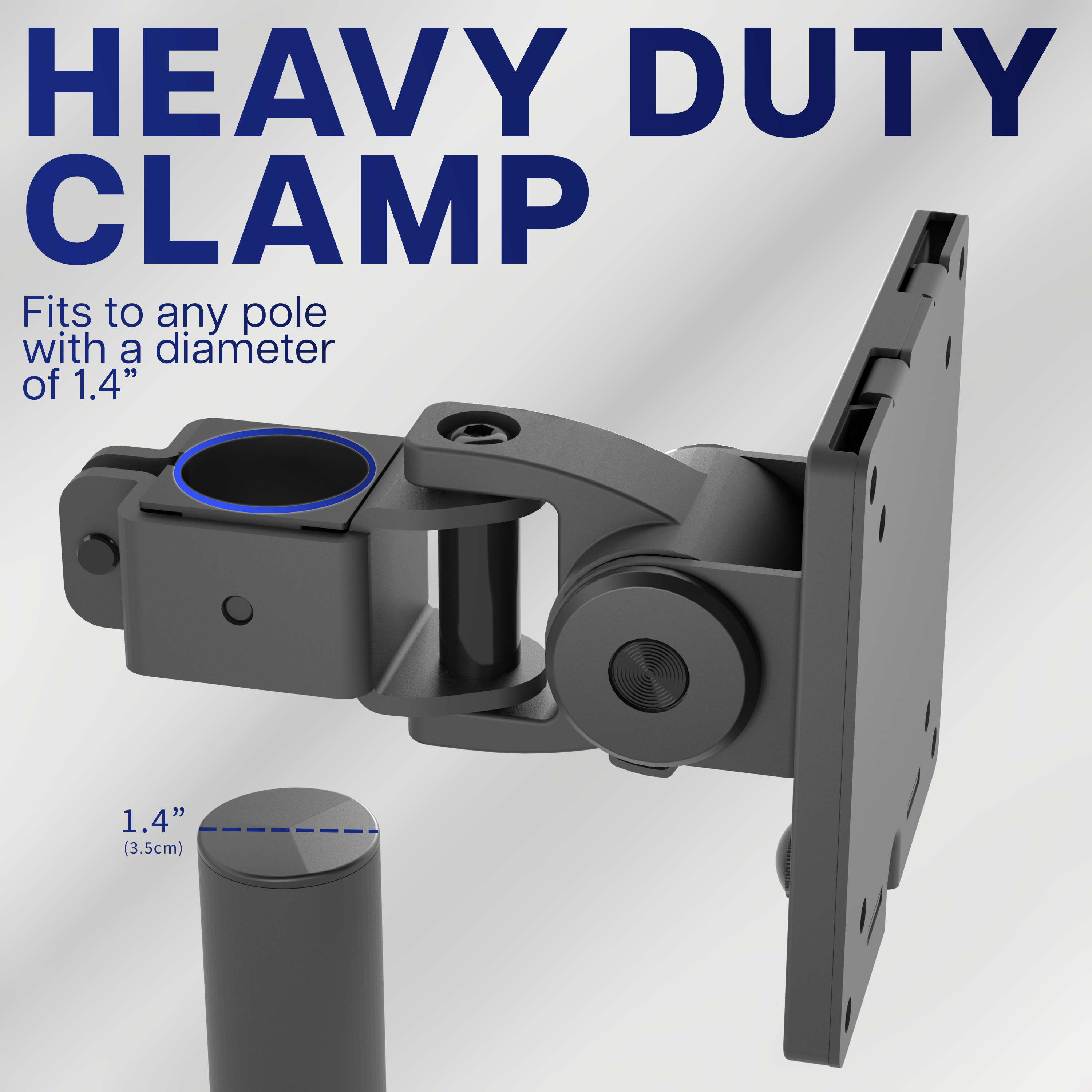 Pole mounted monitor bracket for ultrawide or standard screens with a quick-release bracket and tilt, swivel, and rotation.