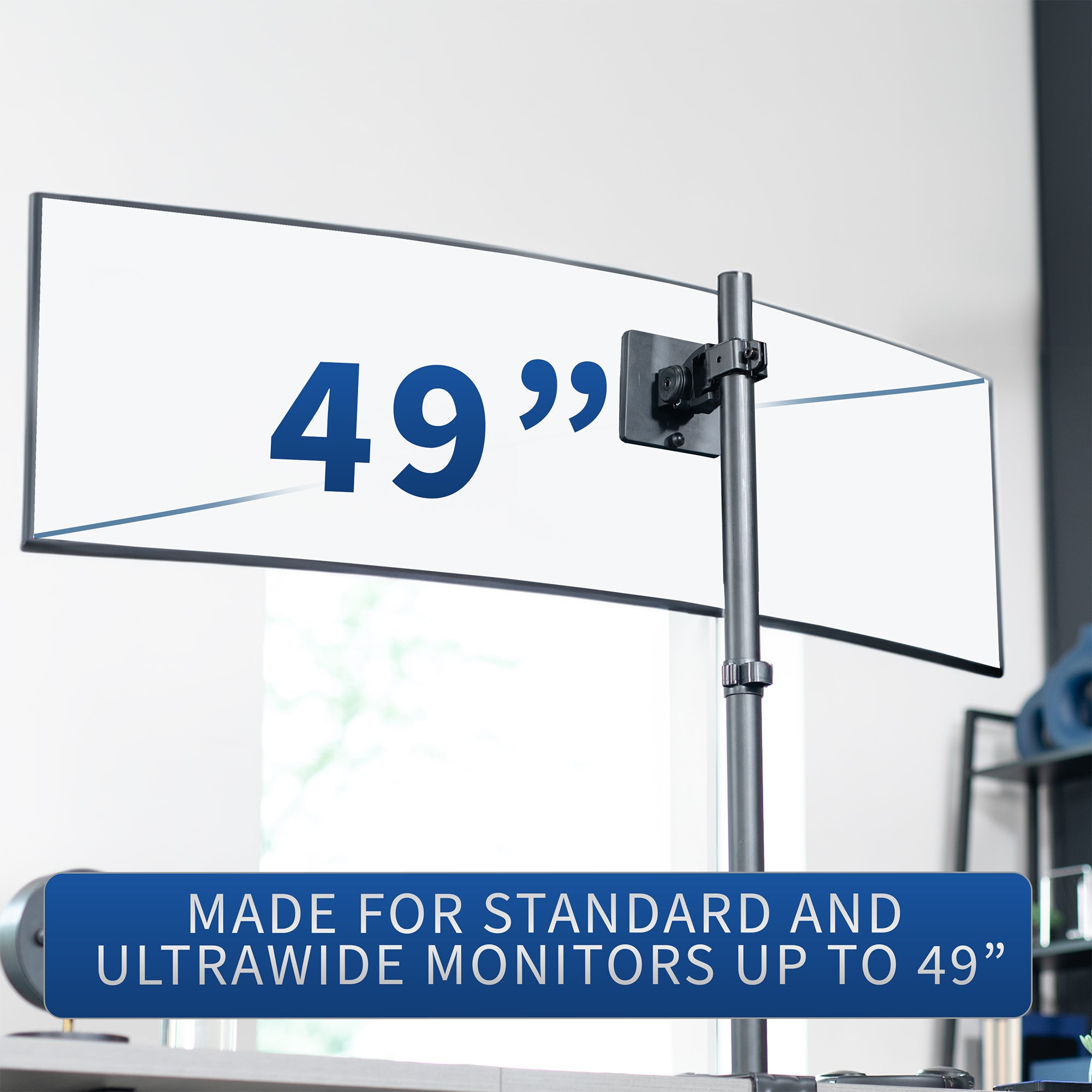 Pole mounted monitor bracket for ultrawide or standard screens with a quick-release bracket and tilt, swivel, and rotation.