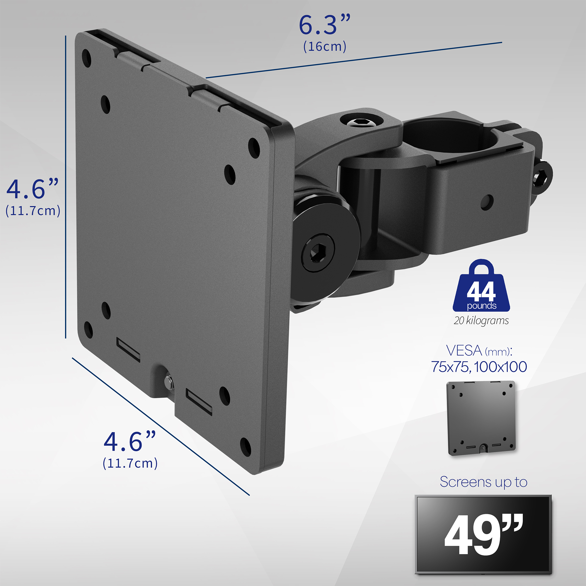 Pole mounted monitor bracket for ultrawide or standard screens with a quick-release bracket and tilt, swivel, and rotation.