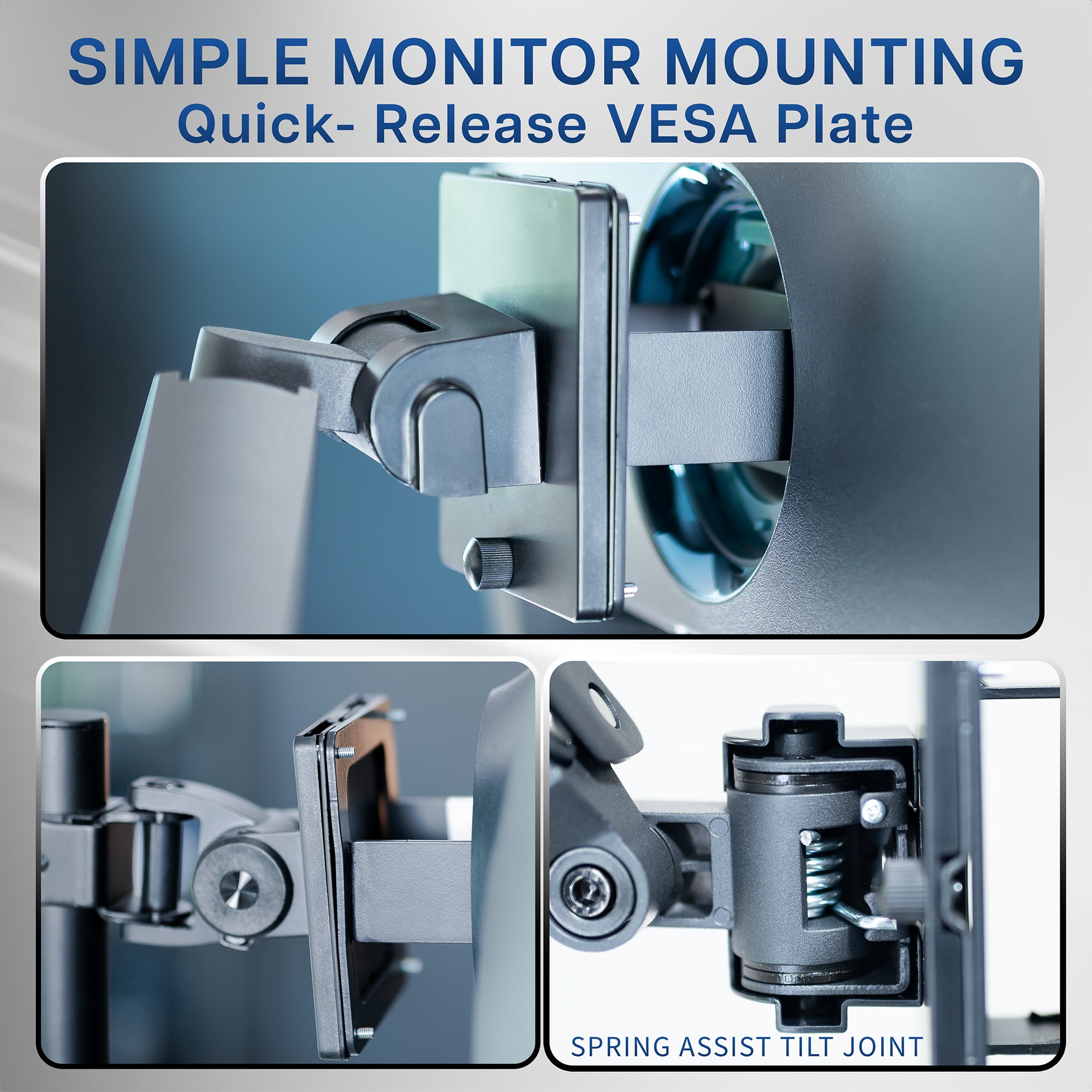 Pole mounted monitor bracket for ultrawide or standard screens with a quick-release bracket and tilt, swivel, and rotation.