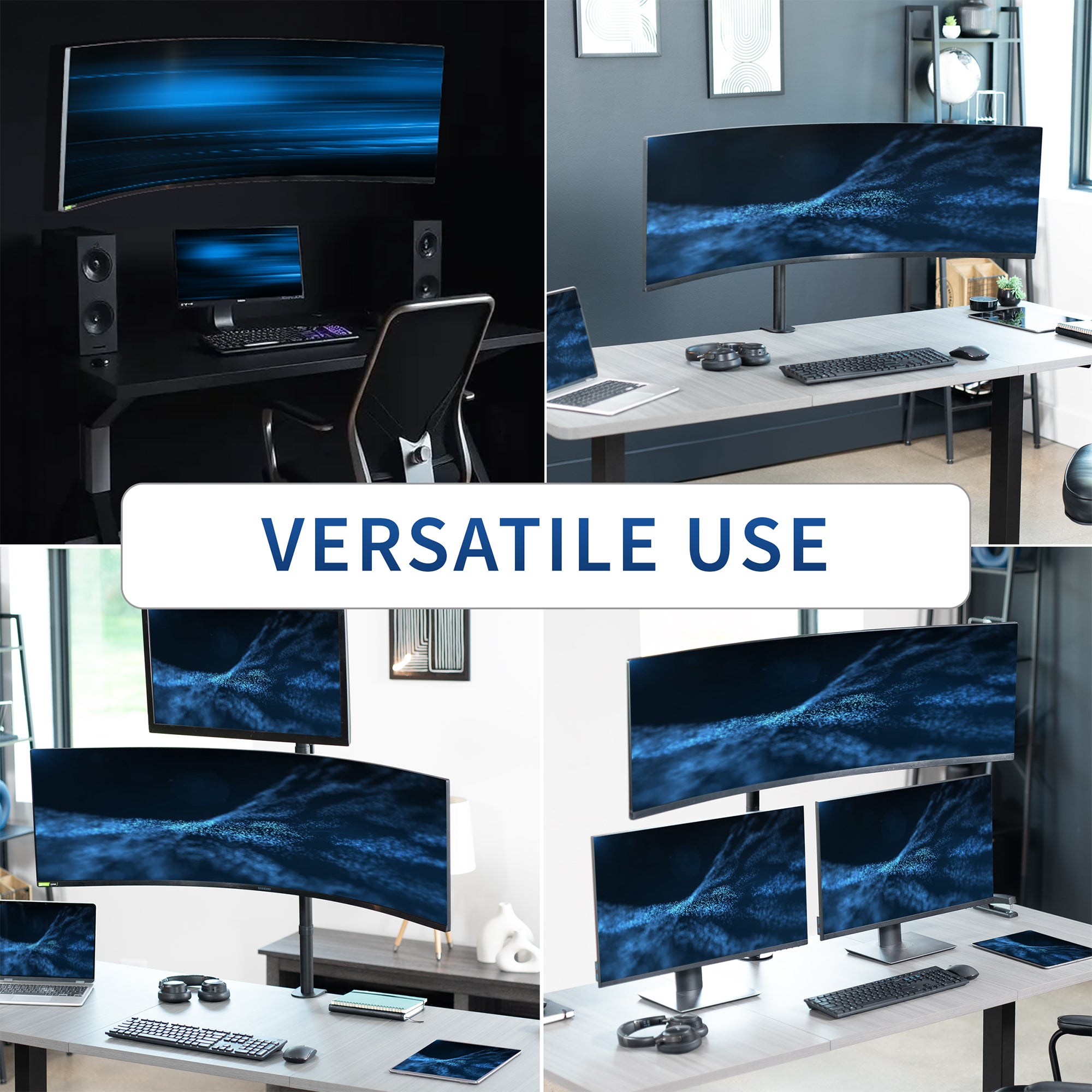 Pole mounted monitor bracket for ultrawide or standard screens with a quick-release bracket and tilt, swivel, and rotation.