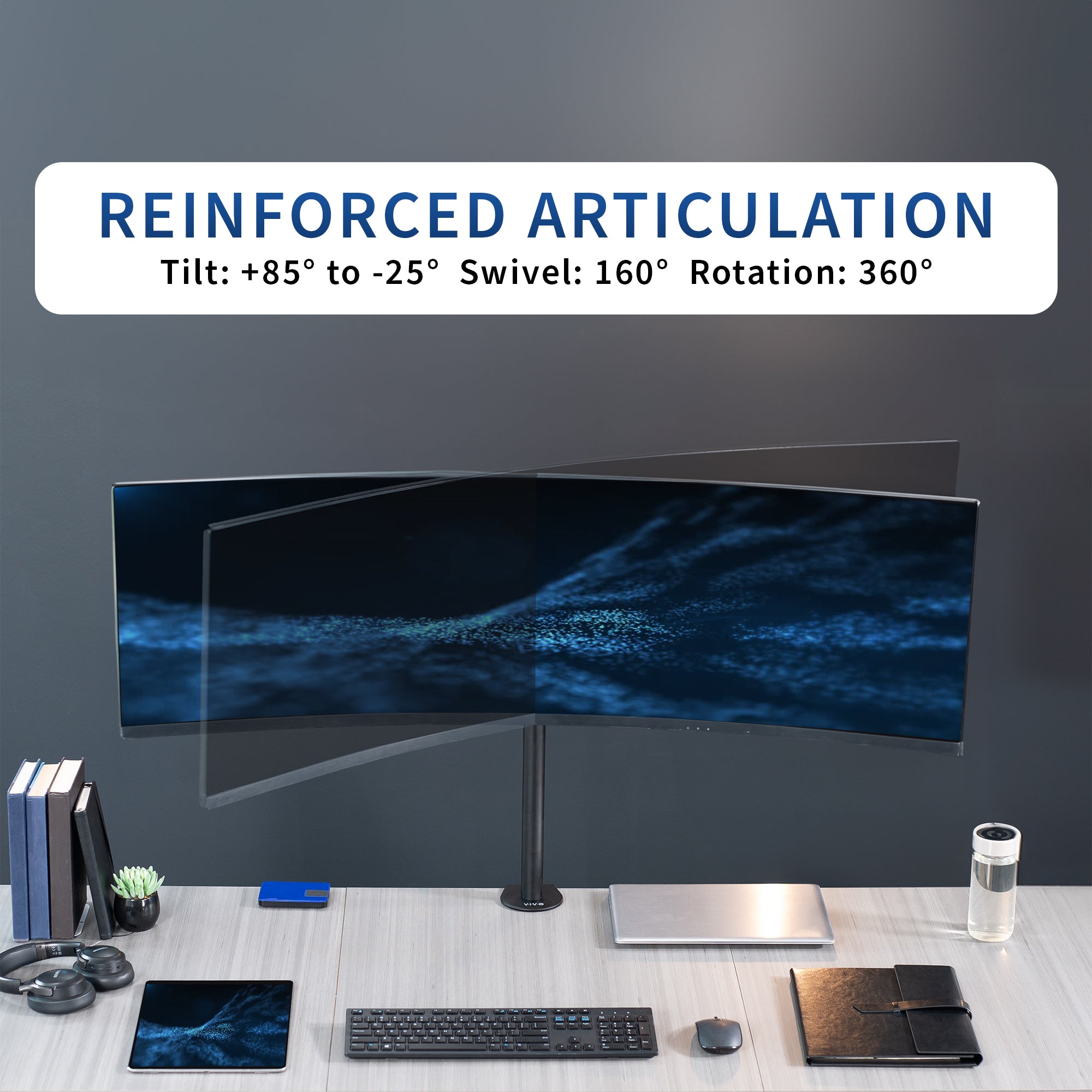 Pole mounted monitor bracket for ultrawide or standard screens with a quick-release bracket and tilt, swivel, and rotation.