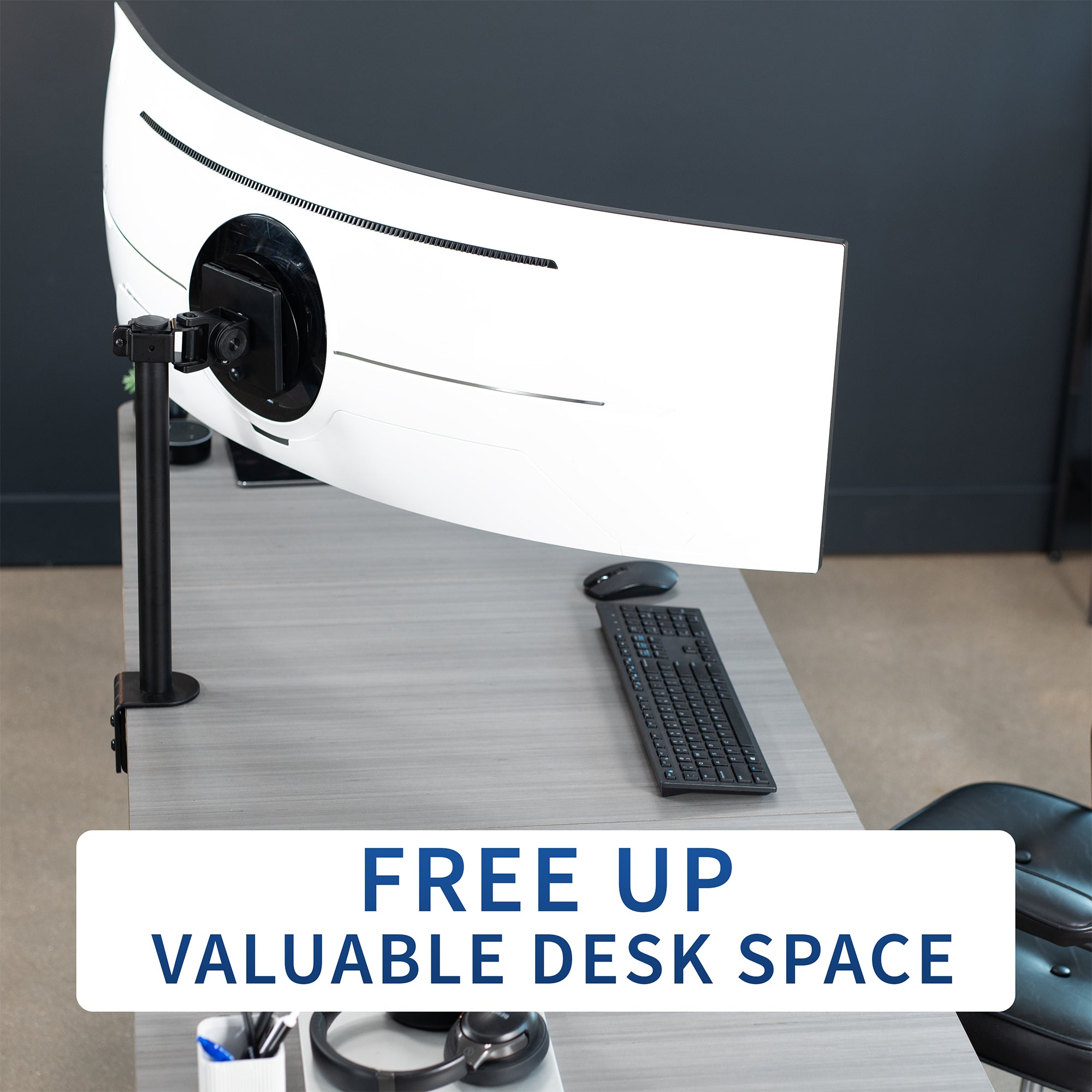 Pole mounted monitor bracket for ultrawide or standard screens with a quick-release bracket and tilt, swivel, and rotation.