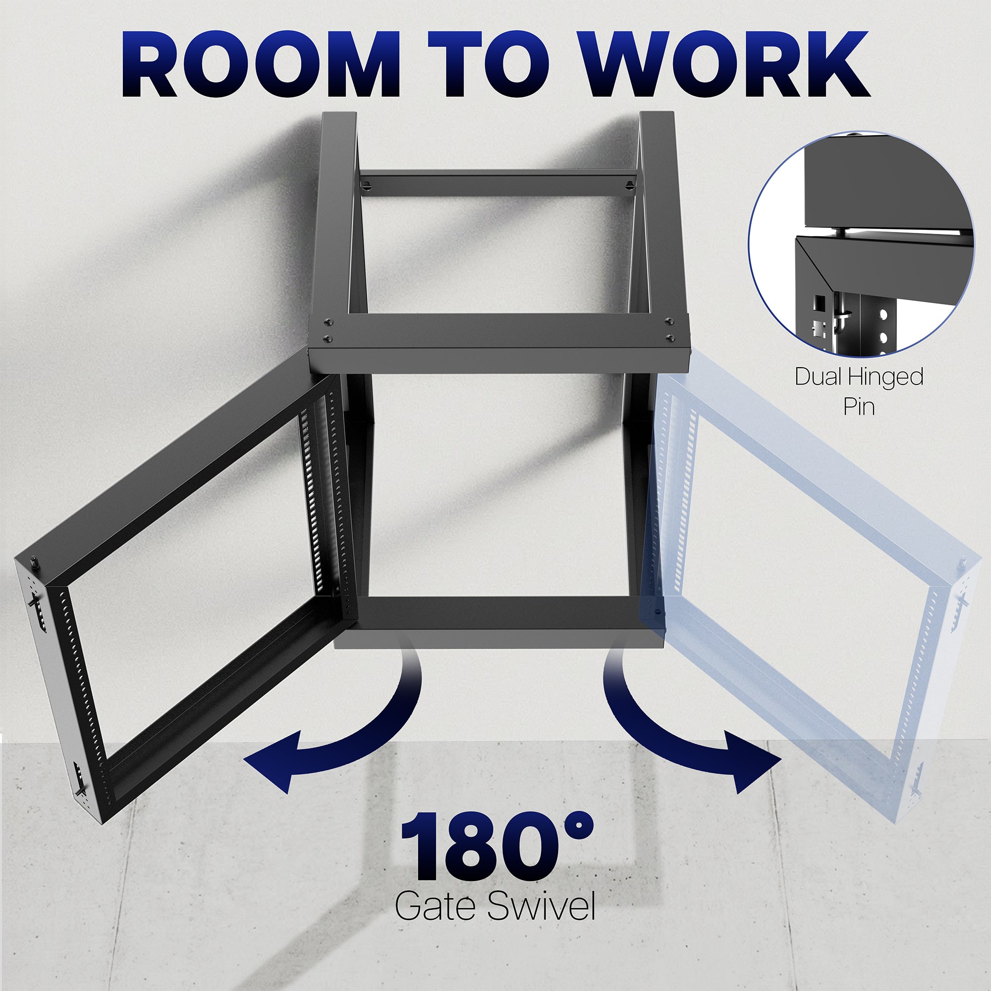 Wall mounted server rack with dual hinge 180 degree gate swing