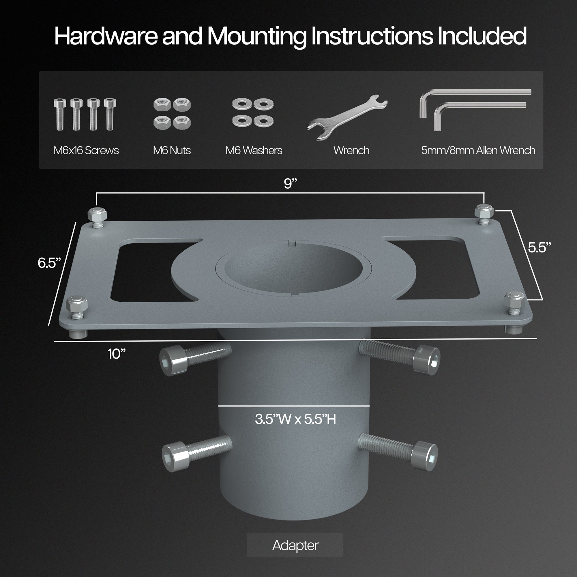 A gray pole adapter with various mounting hardware, including bolts and wrenches, displayed on a white background.