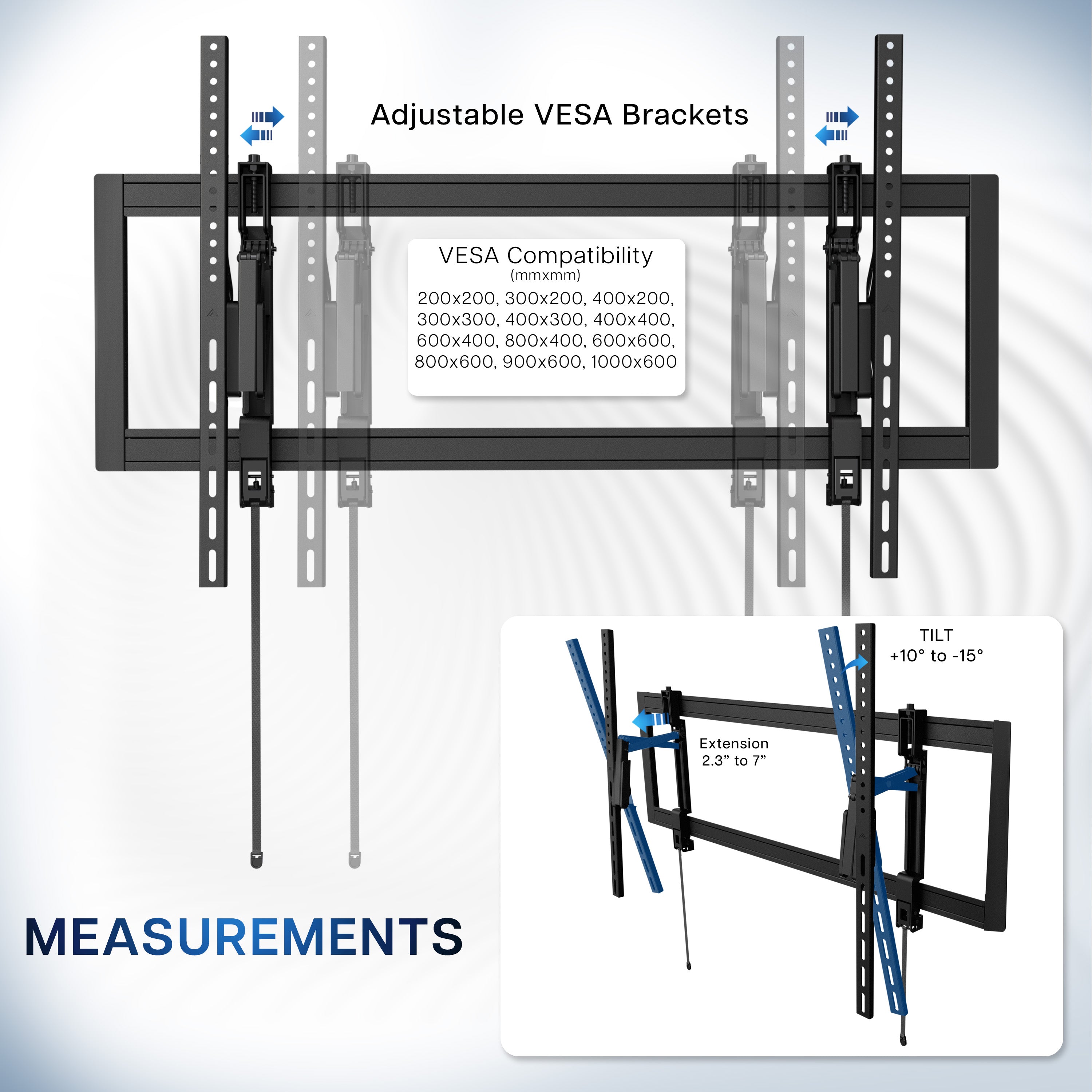 Adjustable VESA brackets with measurements and compatibility details on a white background
