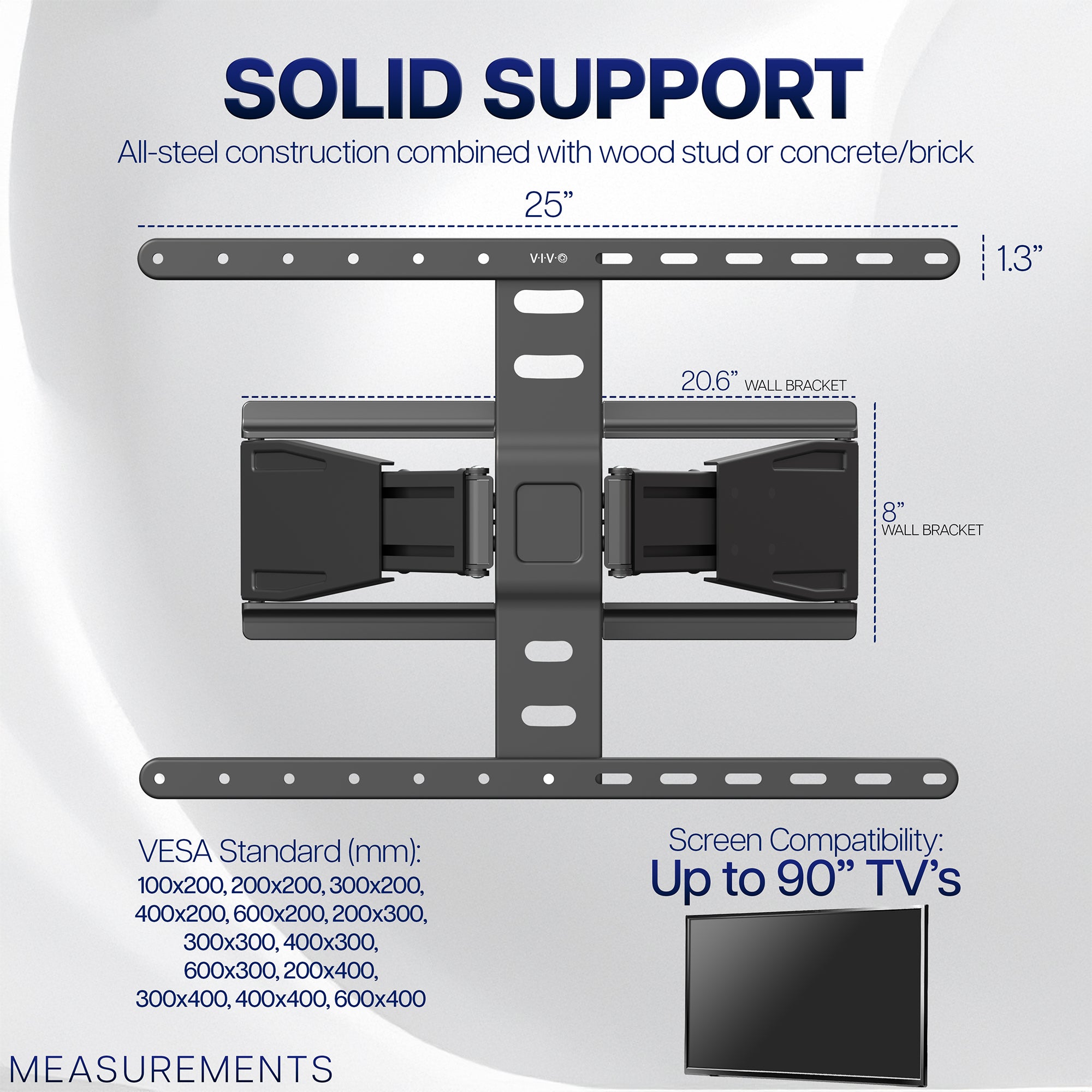 TV wall mount with measurements and compatibility details on a white background