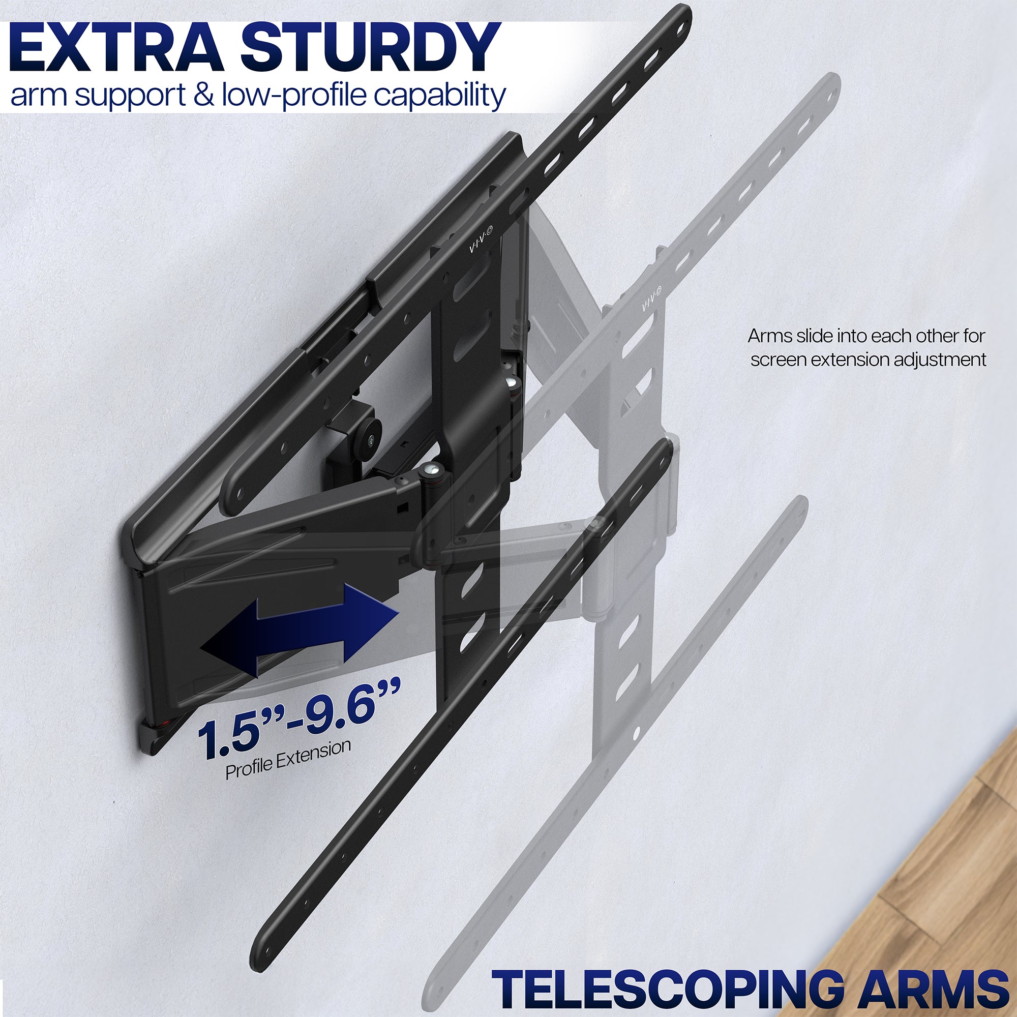 Telescoping TV wall mount with text on screen extension and profile capability.