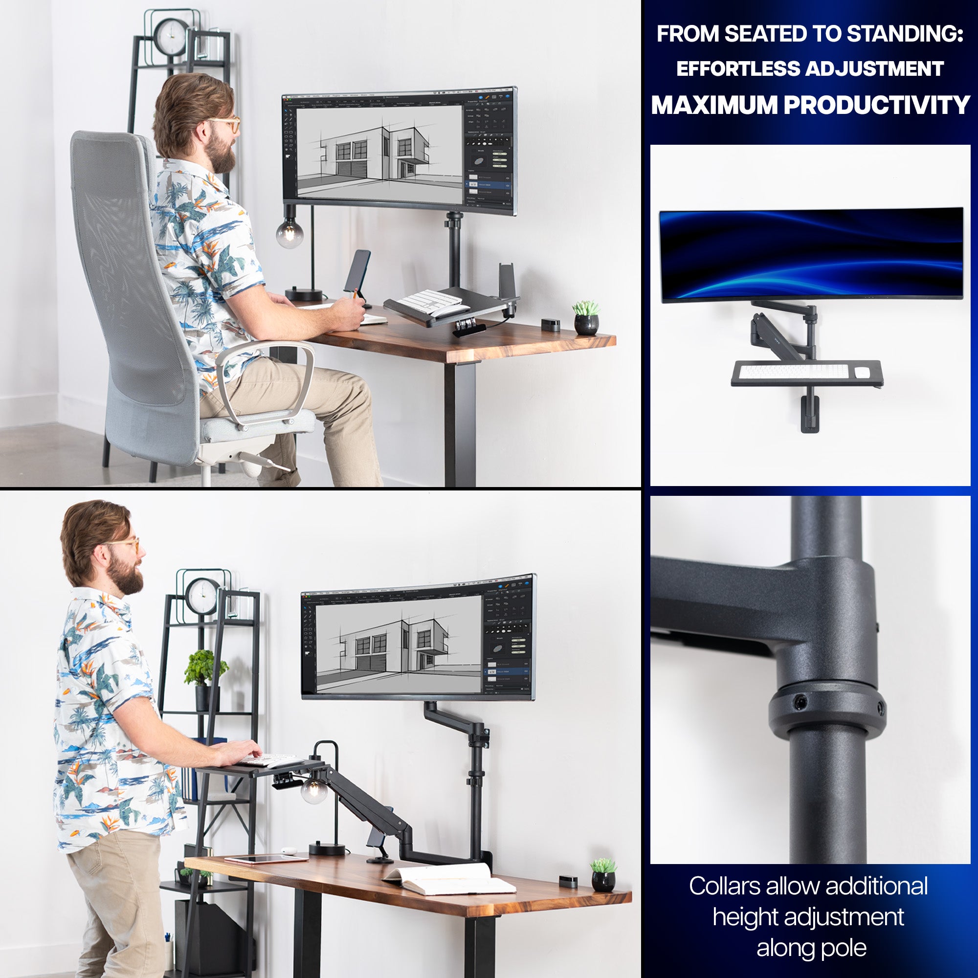Pneumatic Arm Single Ultrawide Monitor Wall Mount + Keyboard Tray - Up to 49" Screens