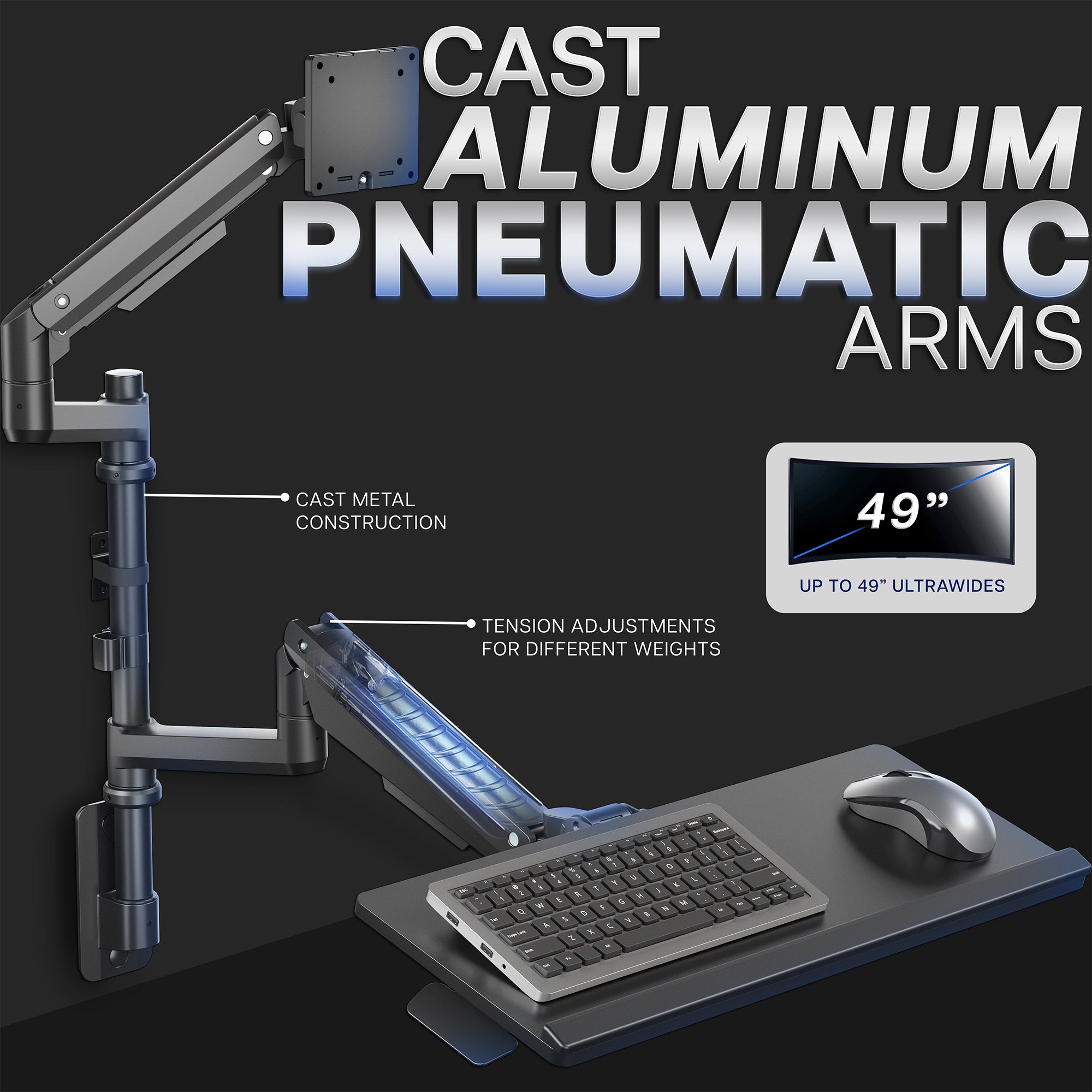 Computer monitor and keyboard tray wall mount with pneumatic arms on a black background, featuring text about cast aluminum construction and screen size support.