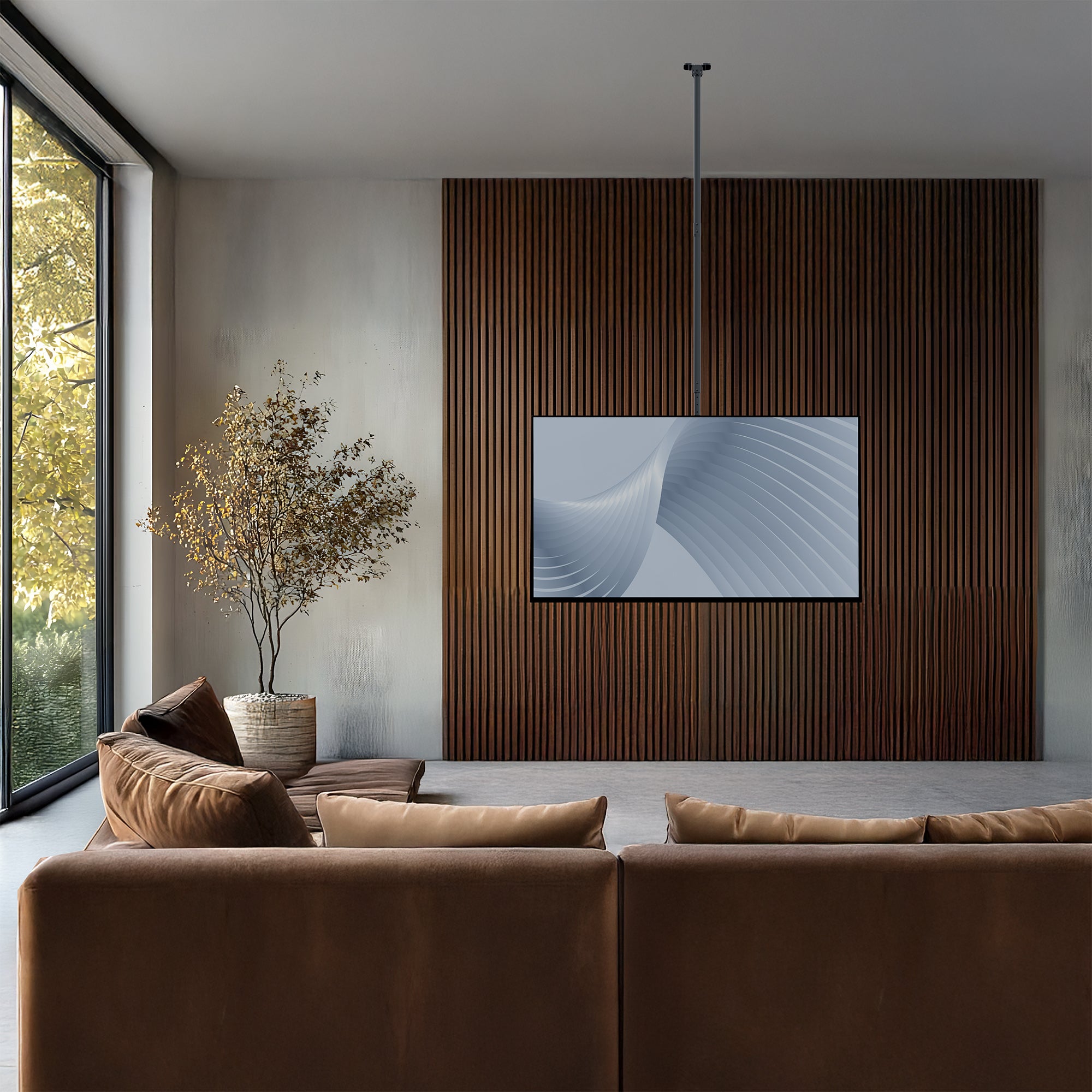 Modern living room with a brown sofa, decorative plant, and ceiling-mounted TV.