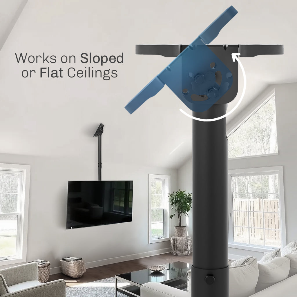 Height adjustable large TV mount with tilt, swivel, and an integrated cable management system. Mount to flat and sloped ceilings or wall with hardware and instructions included.