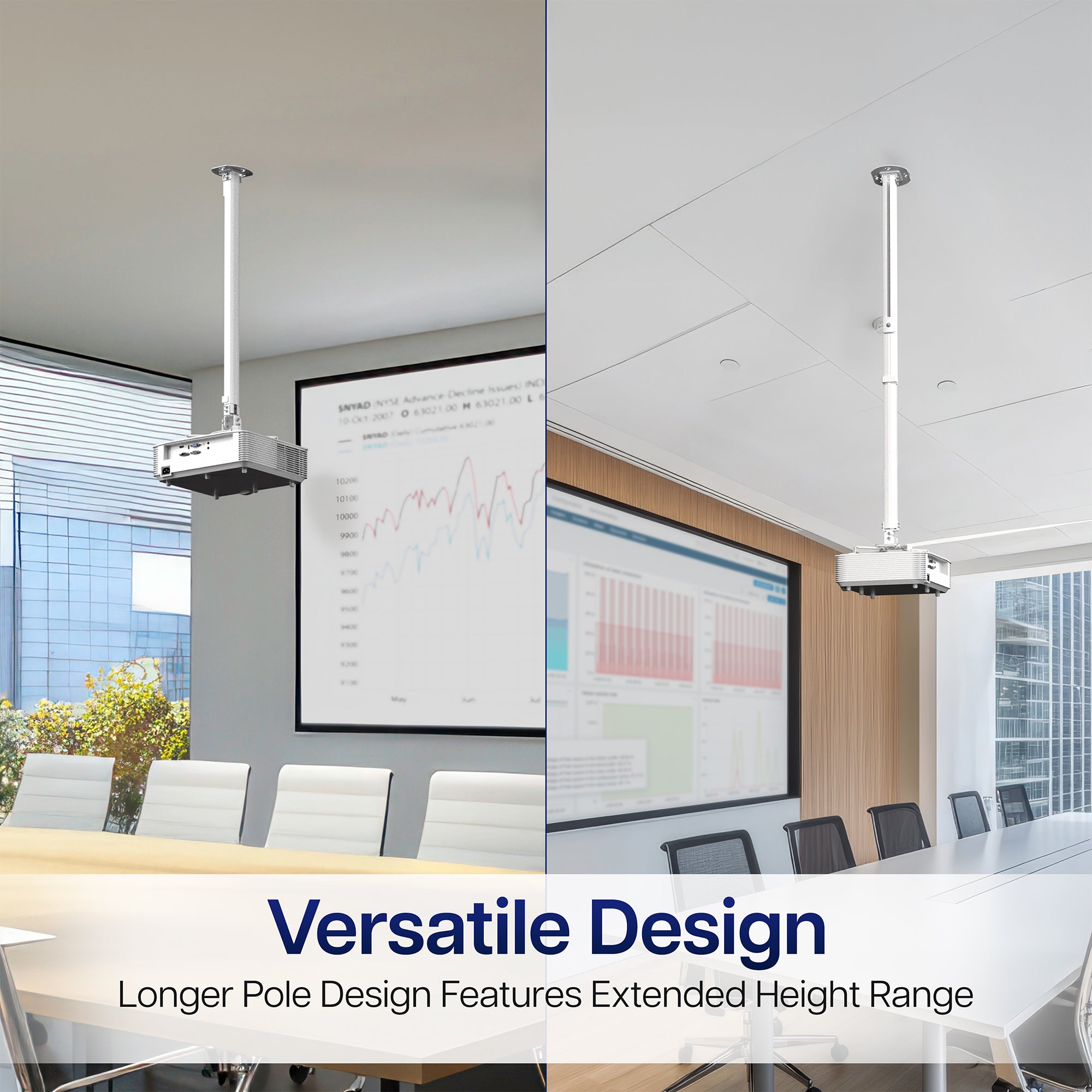 Modern conference room with a large screen displaying graphs, featuring a versatile design product.