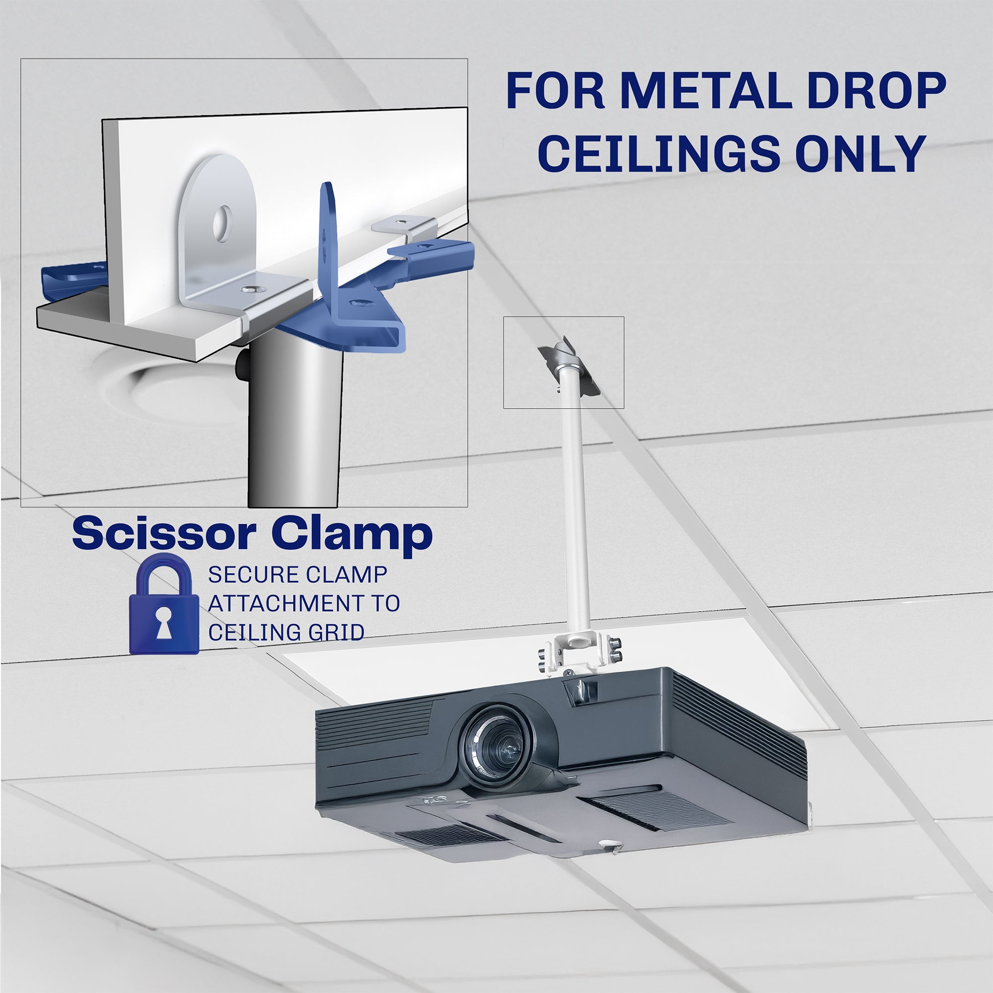 White Drop Ceiling Projector Mount with Scissor Clamp