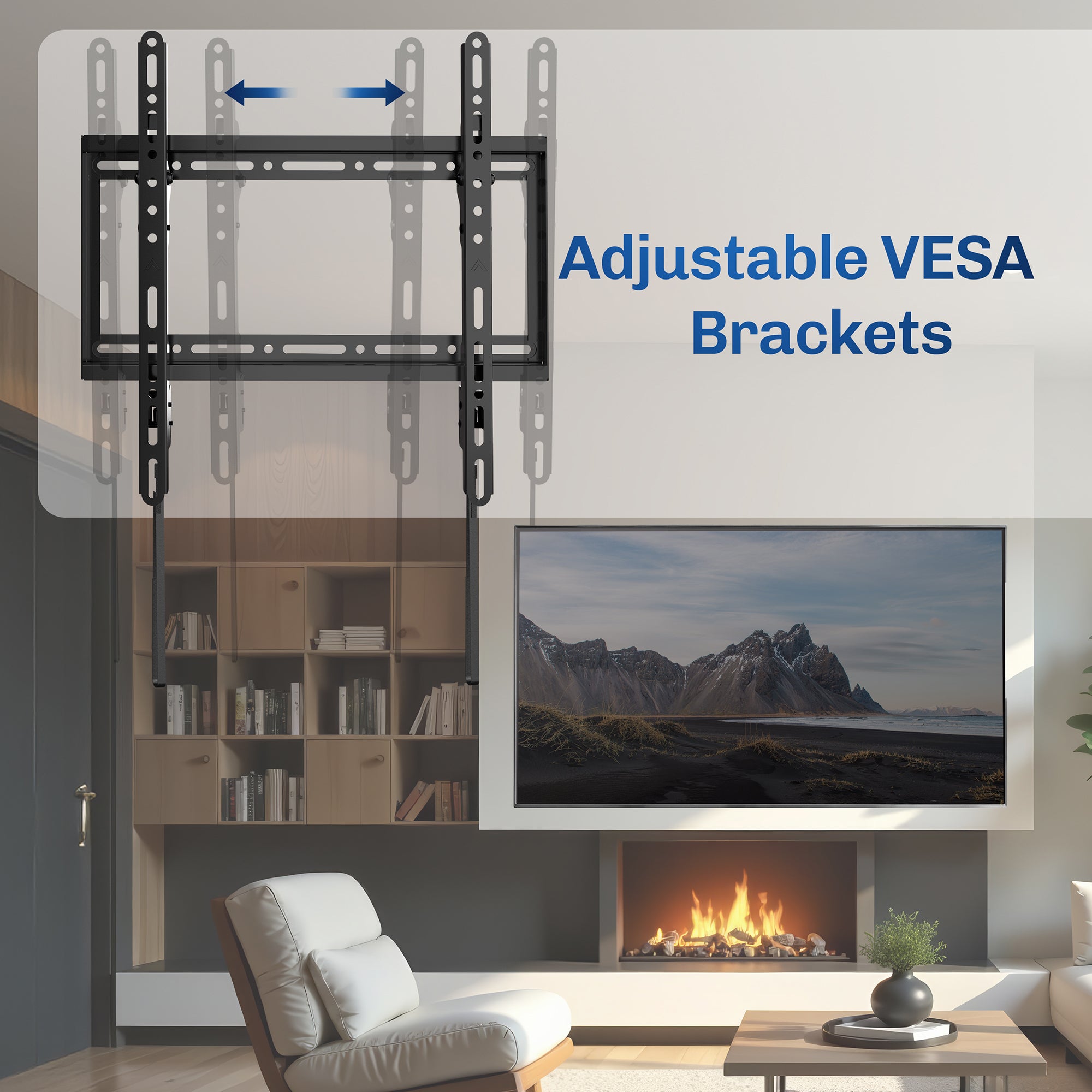 Living room with a TV mounted on an adjustable VESA bracket.