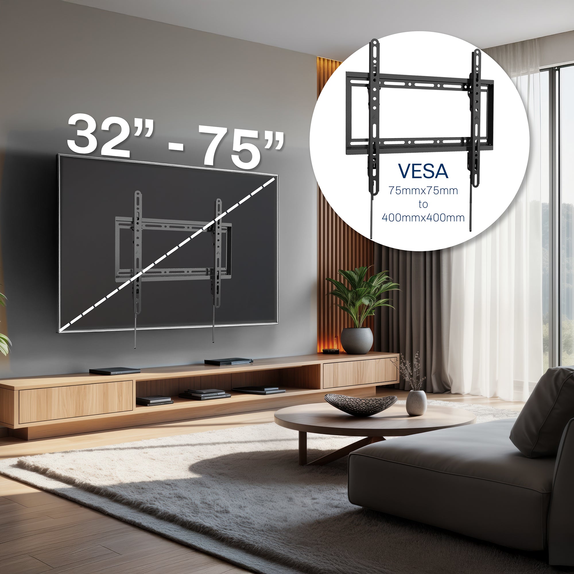 Living room with a TV mounted on the wall, showing a VESA compatibility diagram.