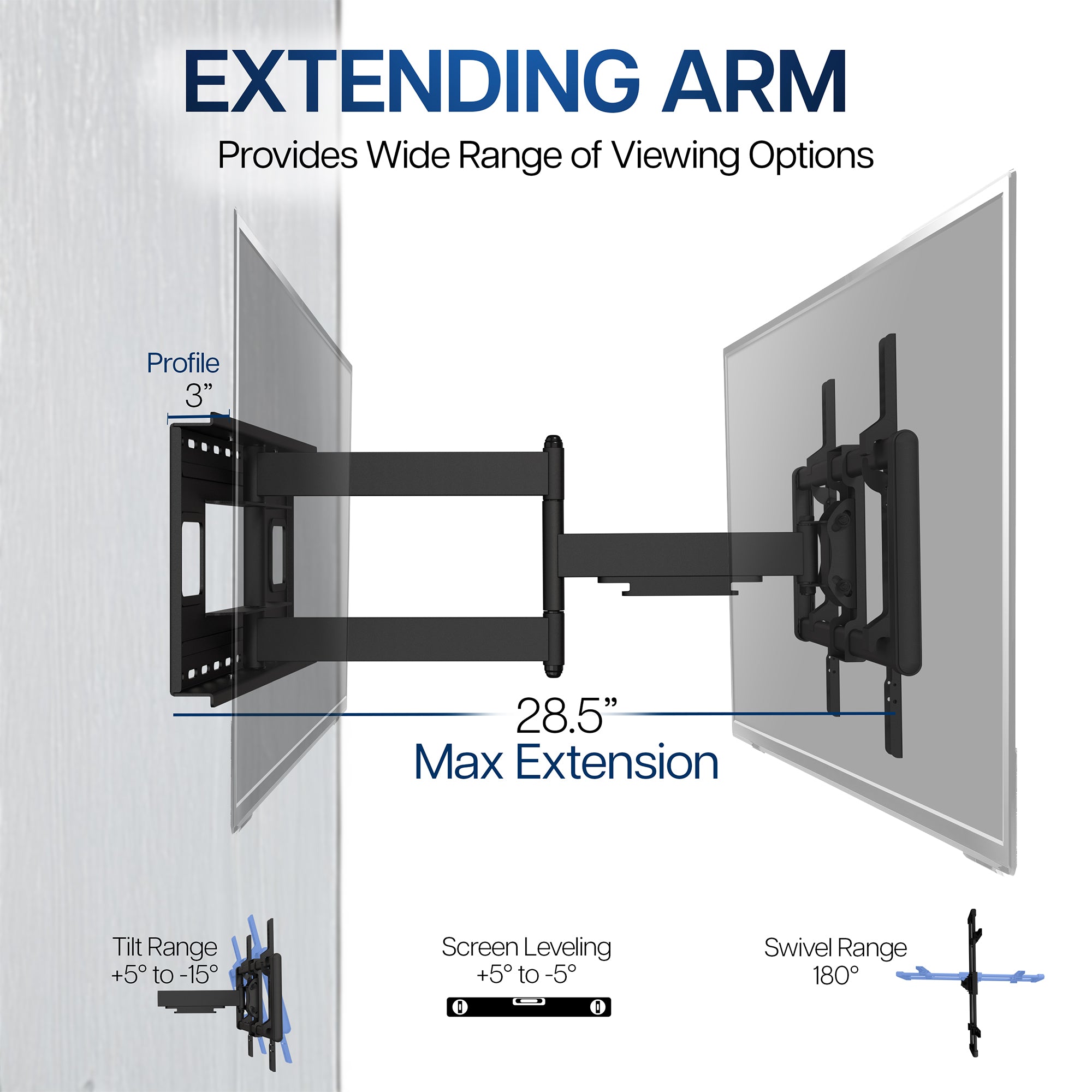 TV wall mount with extending arm showing features and measurements on a white background