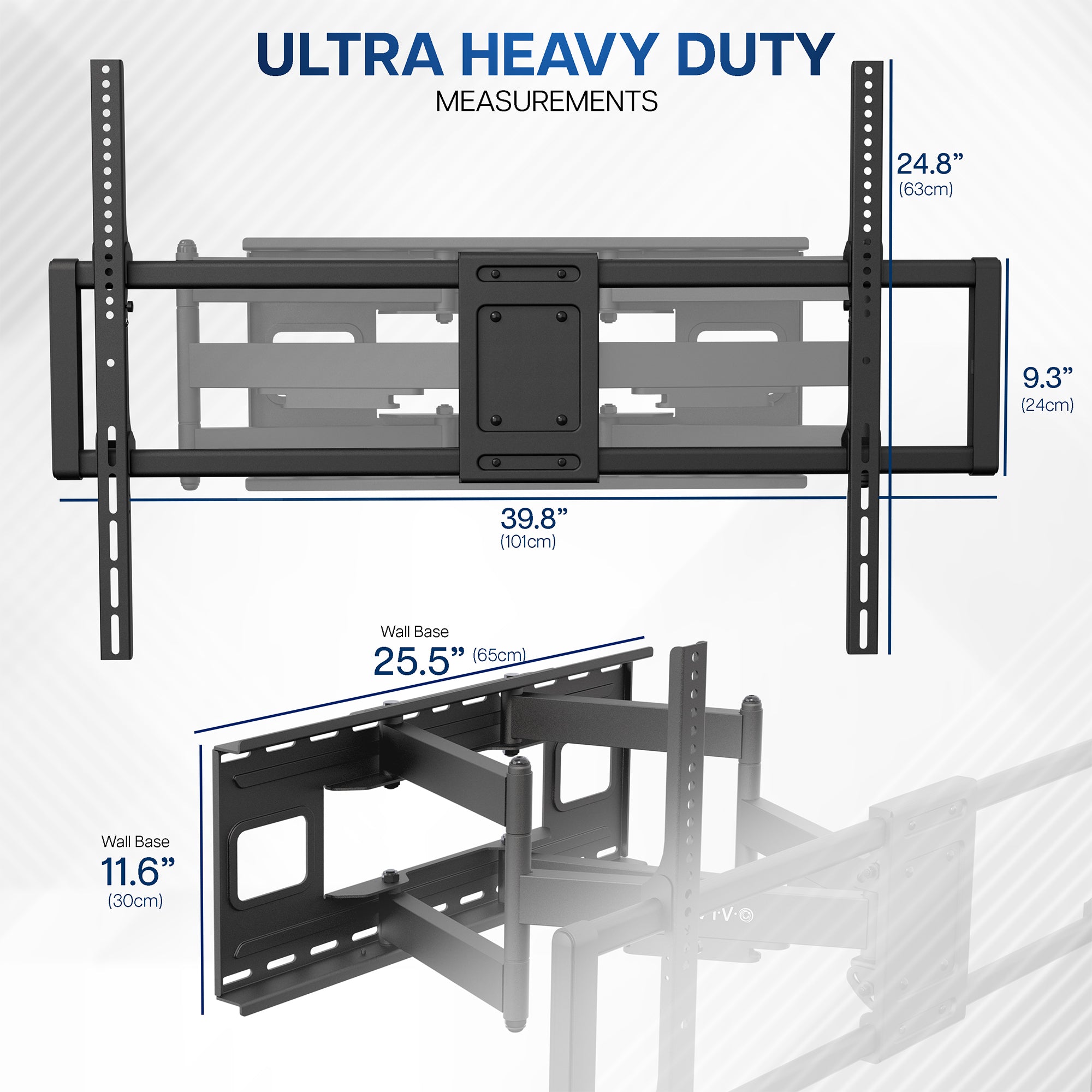 Ultra heavy-duty TV wall mount with detailed measurements on a white background