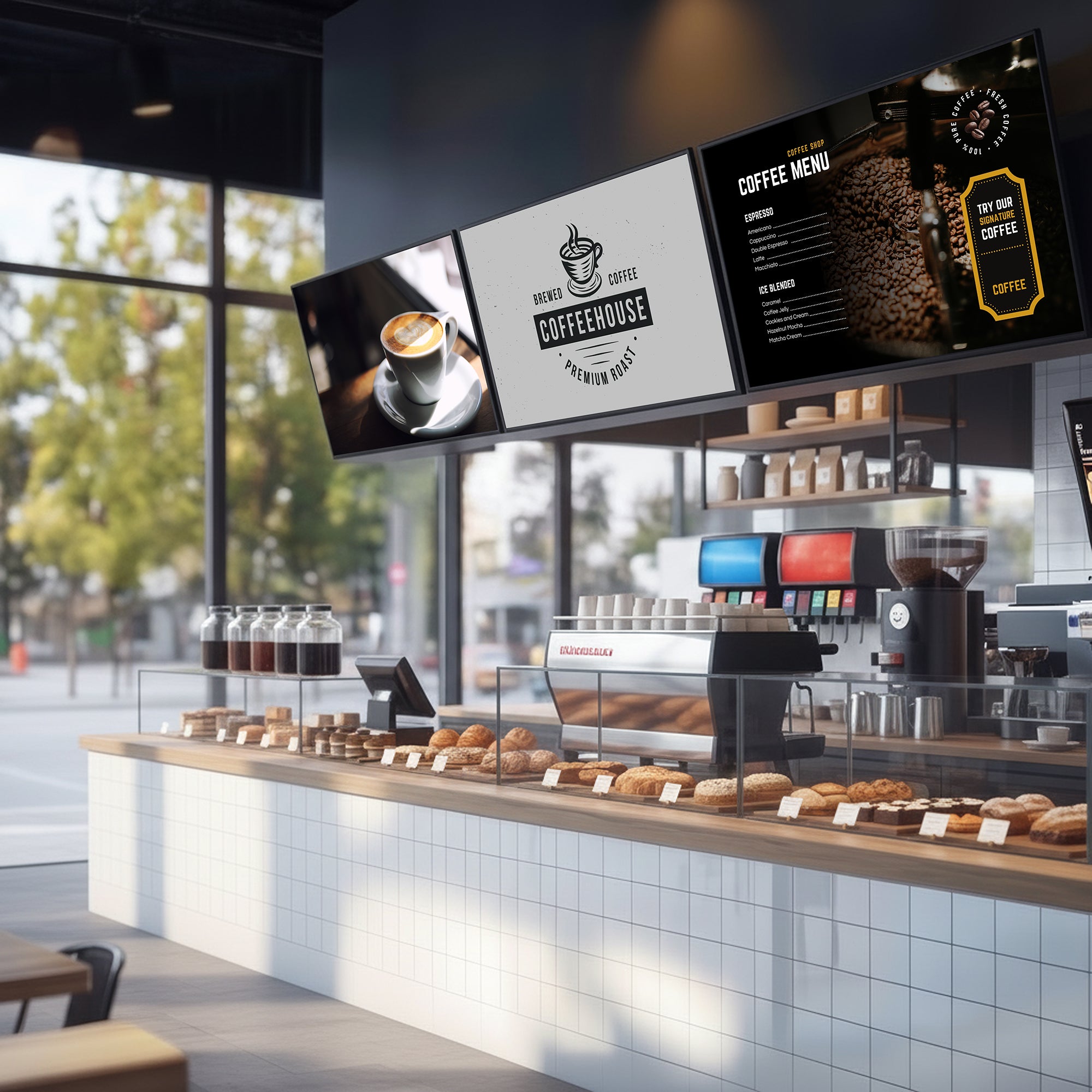 Pop-Out TV Tilting 1x3 Video Wall Mounts shown in a cafe with menu on the screen