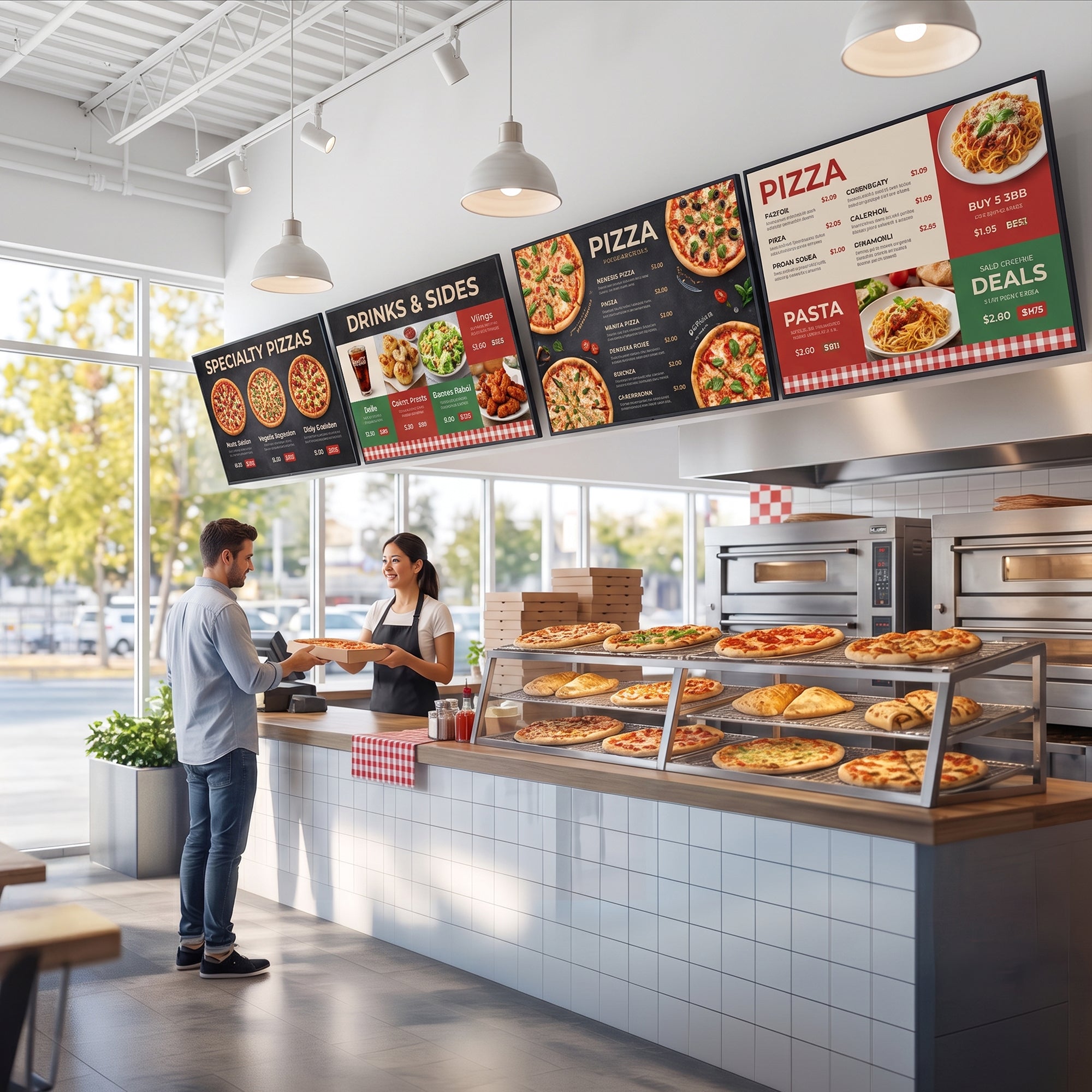 A modern pizza restaurant interior with a counter, display cases filled with pizzas, large wall-mounted menu boards on 1x4 Video Wall Mounts , and a customer ordering at the counter.