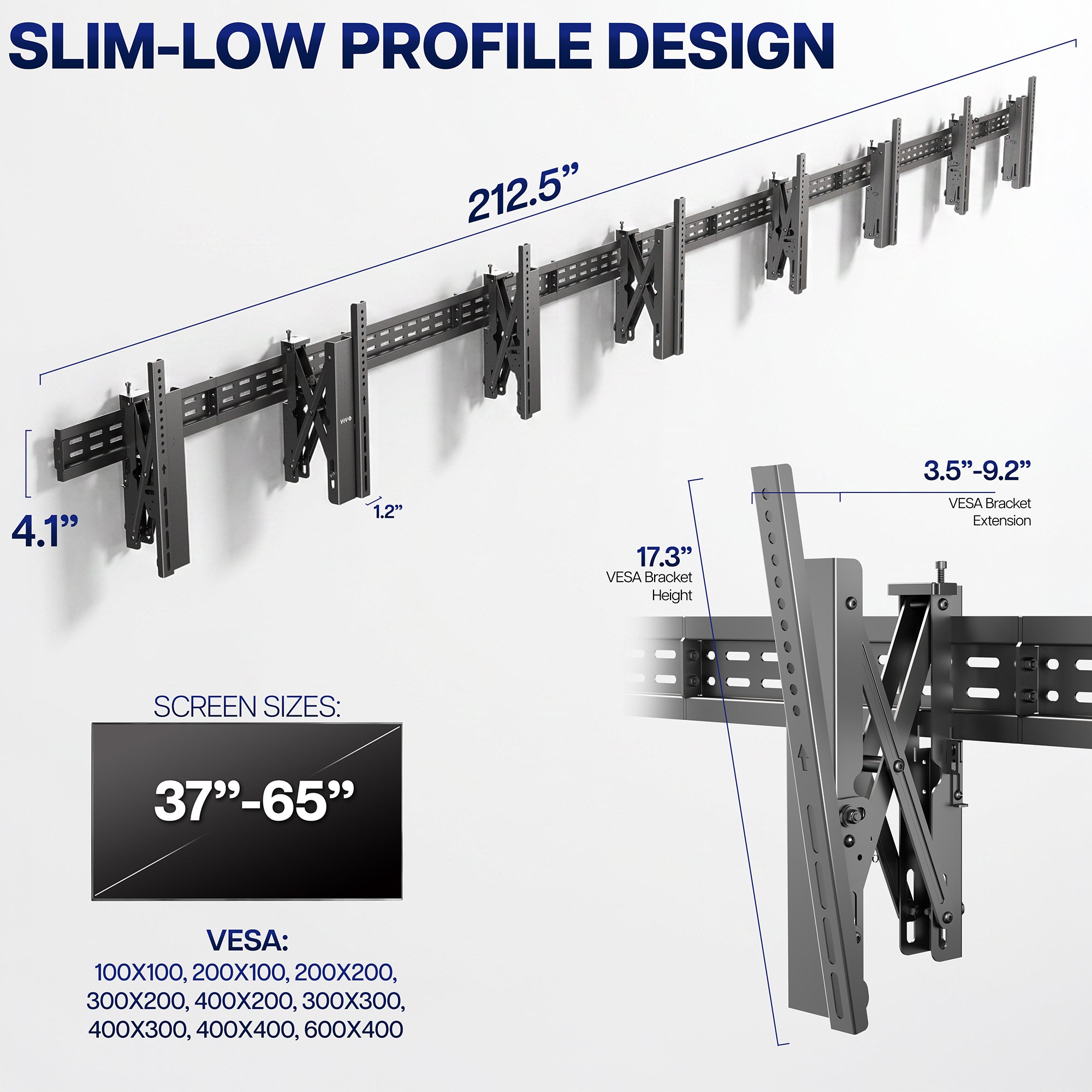 Technical product diagram showing a slim low-profile wall mount bracket system with dimension callouts, including 212.5" length, 4.