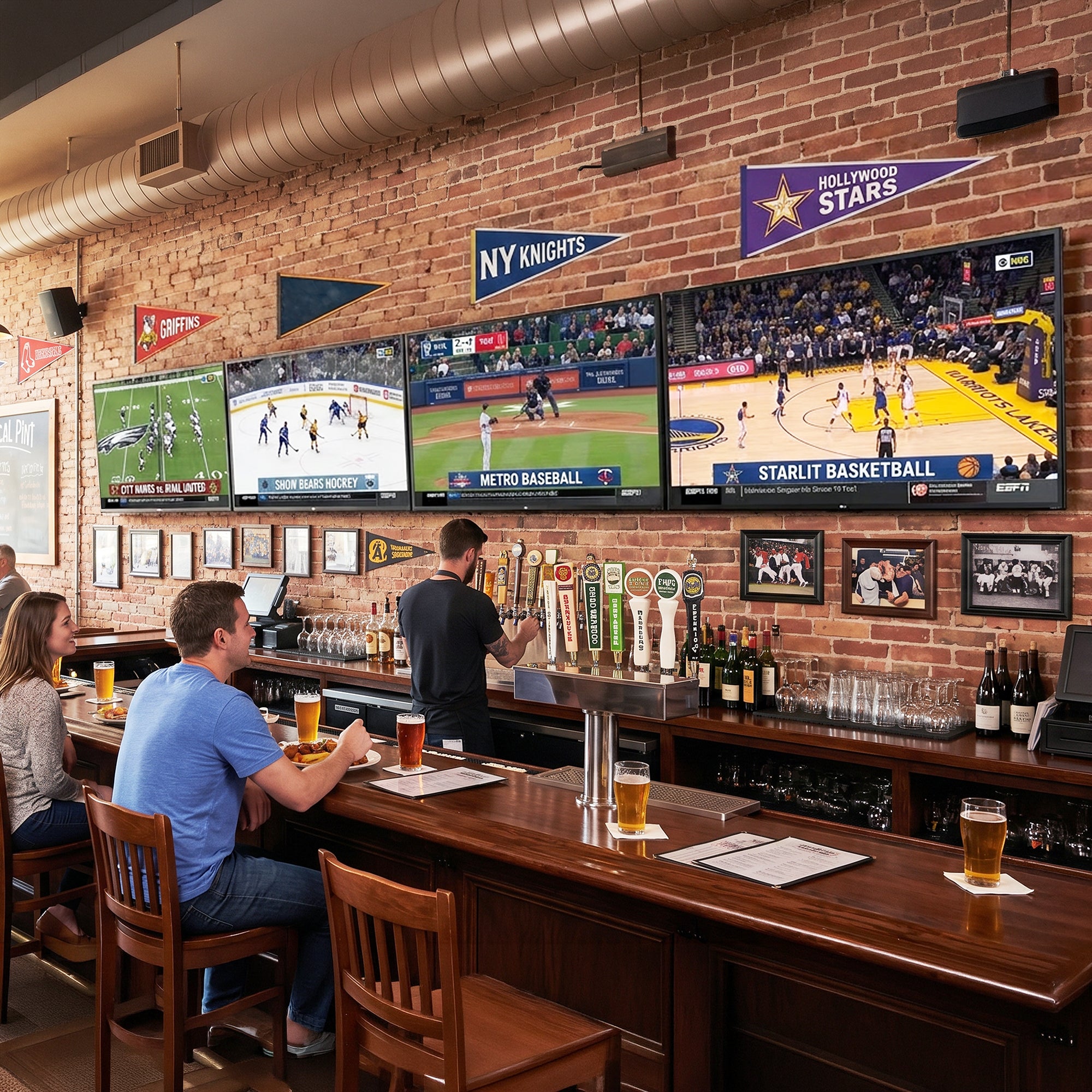 A cozy sports bar interior with a wooden bar counter, brick wall, and multiple television screens showing basketball and baseball games. Several people are seated at the bar, and sports pennants hang on the wall.