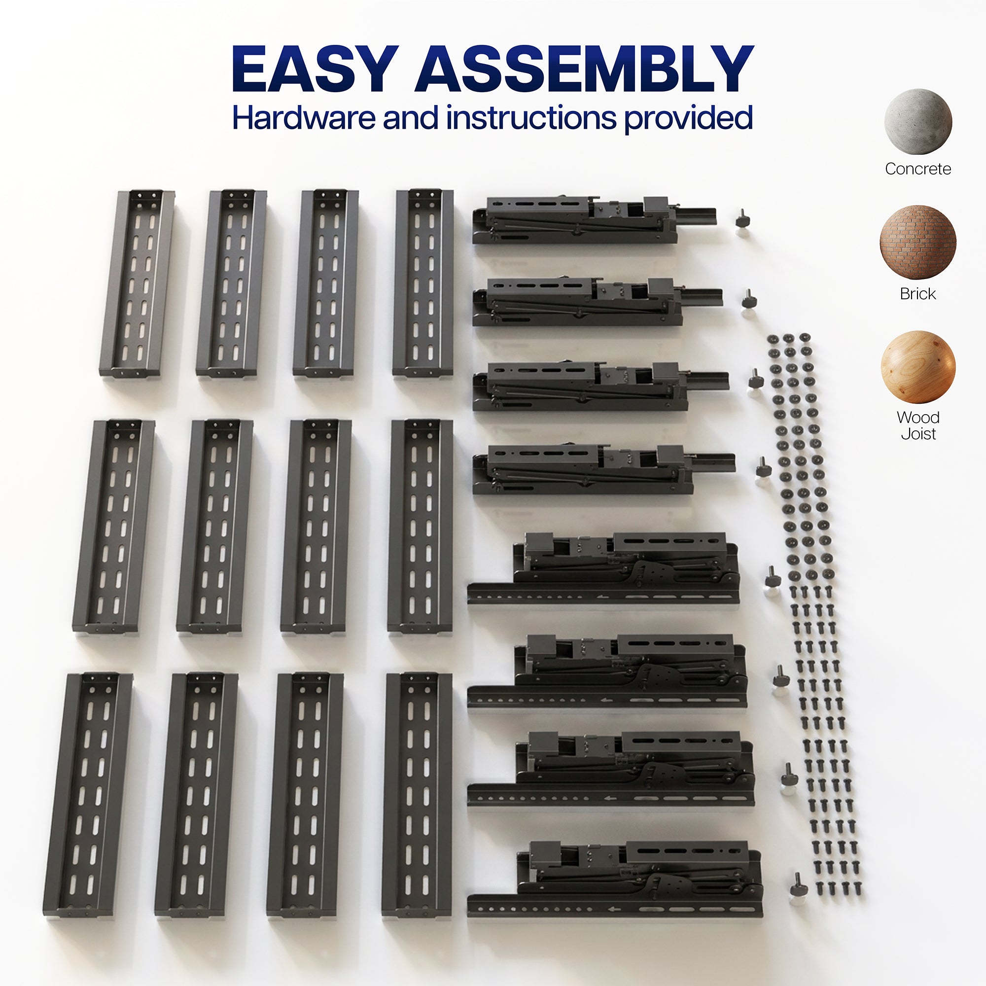 1x4 Video Wall Mounts hardware laid out on a white background with the text 'EASY ASSEMBLY' and 'Hardware and instructions provided.' The set includes multiple black metal brackets, several black mounting plugs or inserts, a row of screws, and three circular material/sample indicators labeled Concrete, Brick, and Wood Joist.