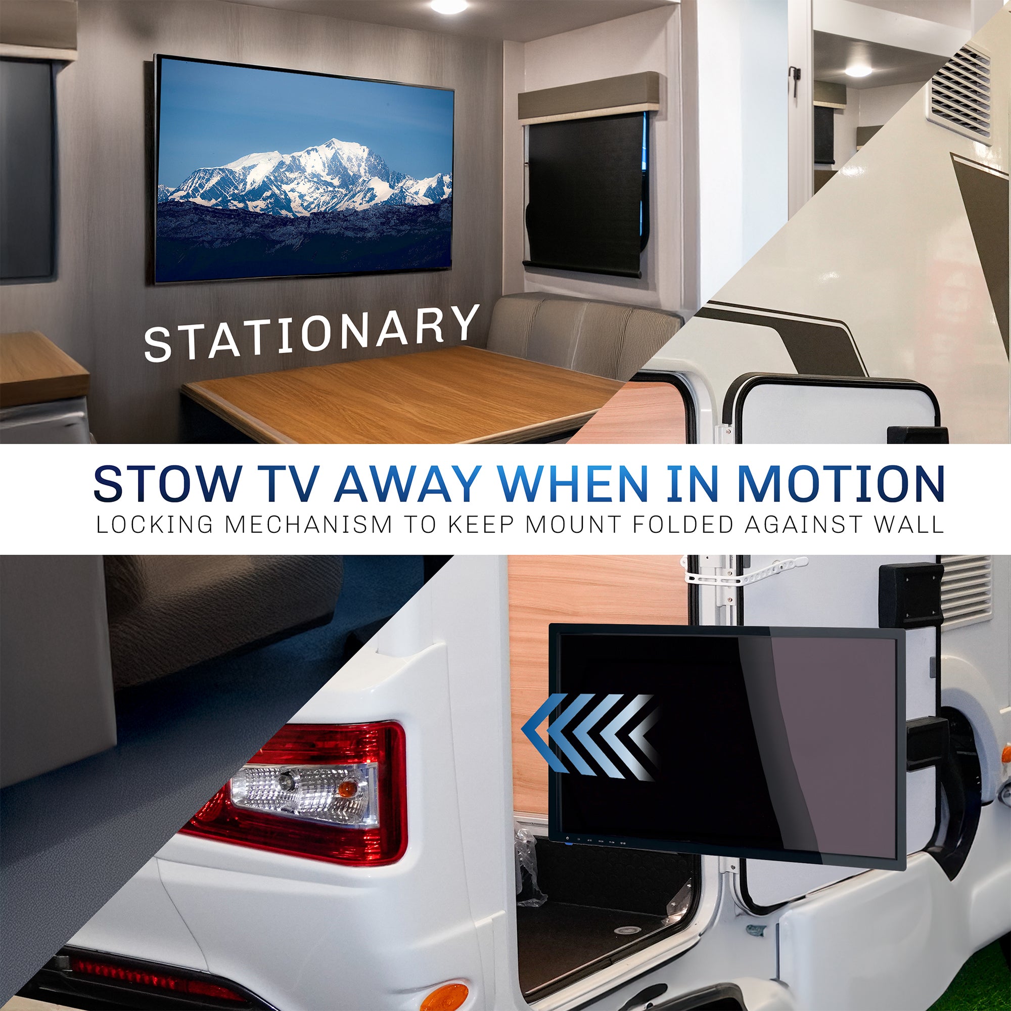 A black locking RV TV mount with articulating arm by VIVO displaying text