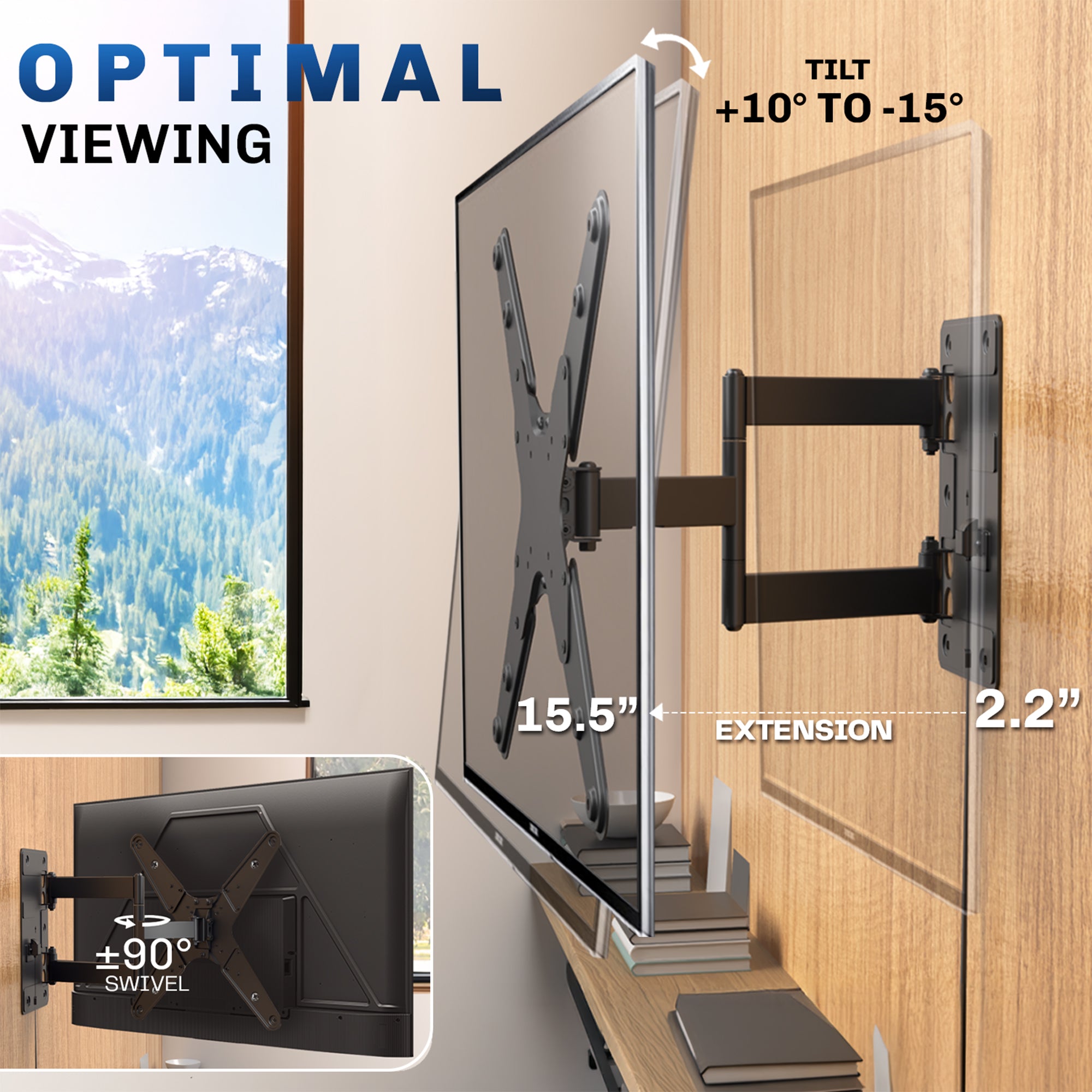 "Optimal Viewing" text with articulation callouts, tilt, extension, and swivel.