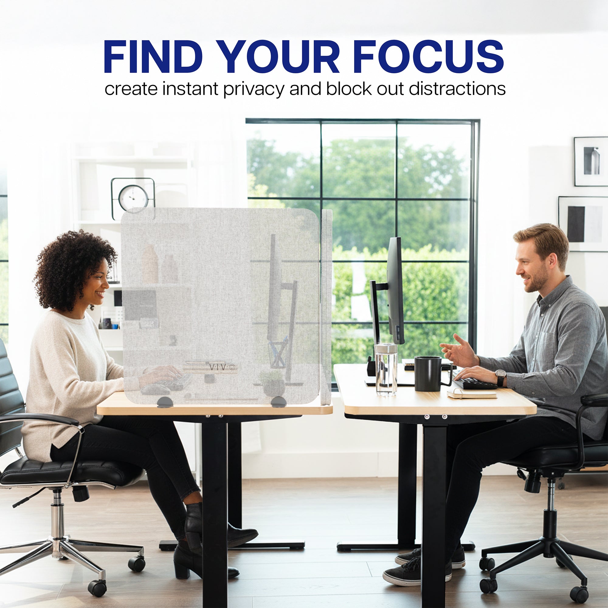 Two people working at desks with Desk Privacy Panels between them, text 'Find Your Focus' above.