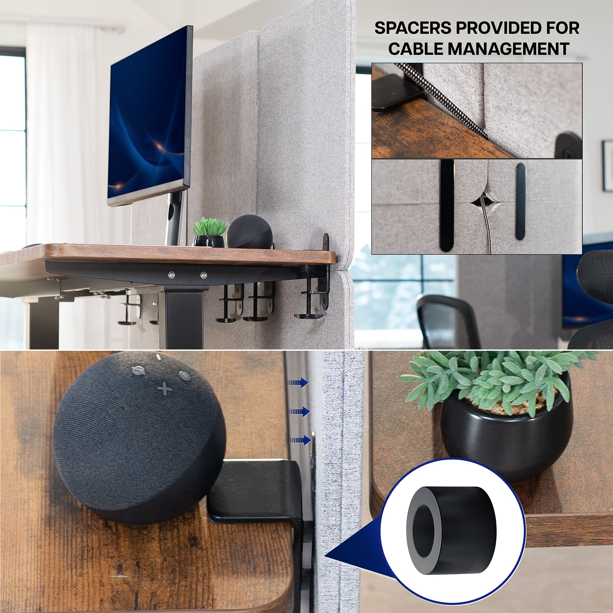 Collage of office setup with clamp-on privacy panel showing the cable management spacers provided.