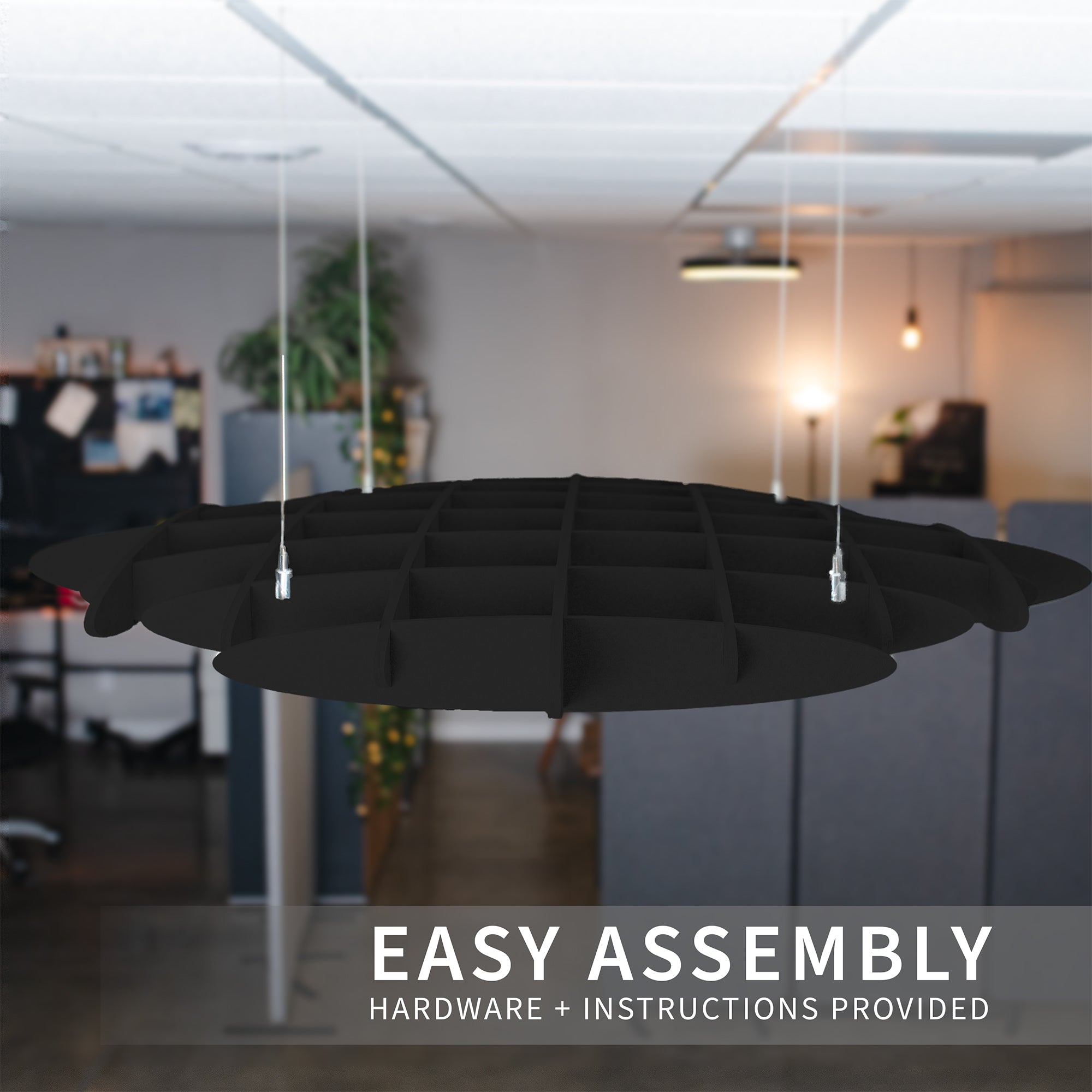 Suspended acoustic ceiling waffle panels installed in a commercial space for noise reduction and sound management