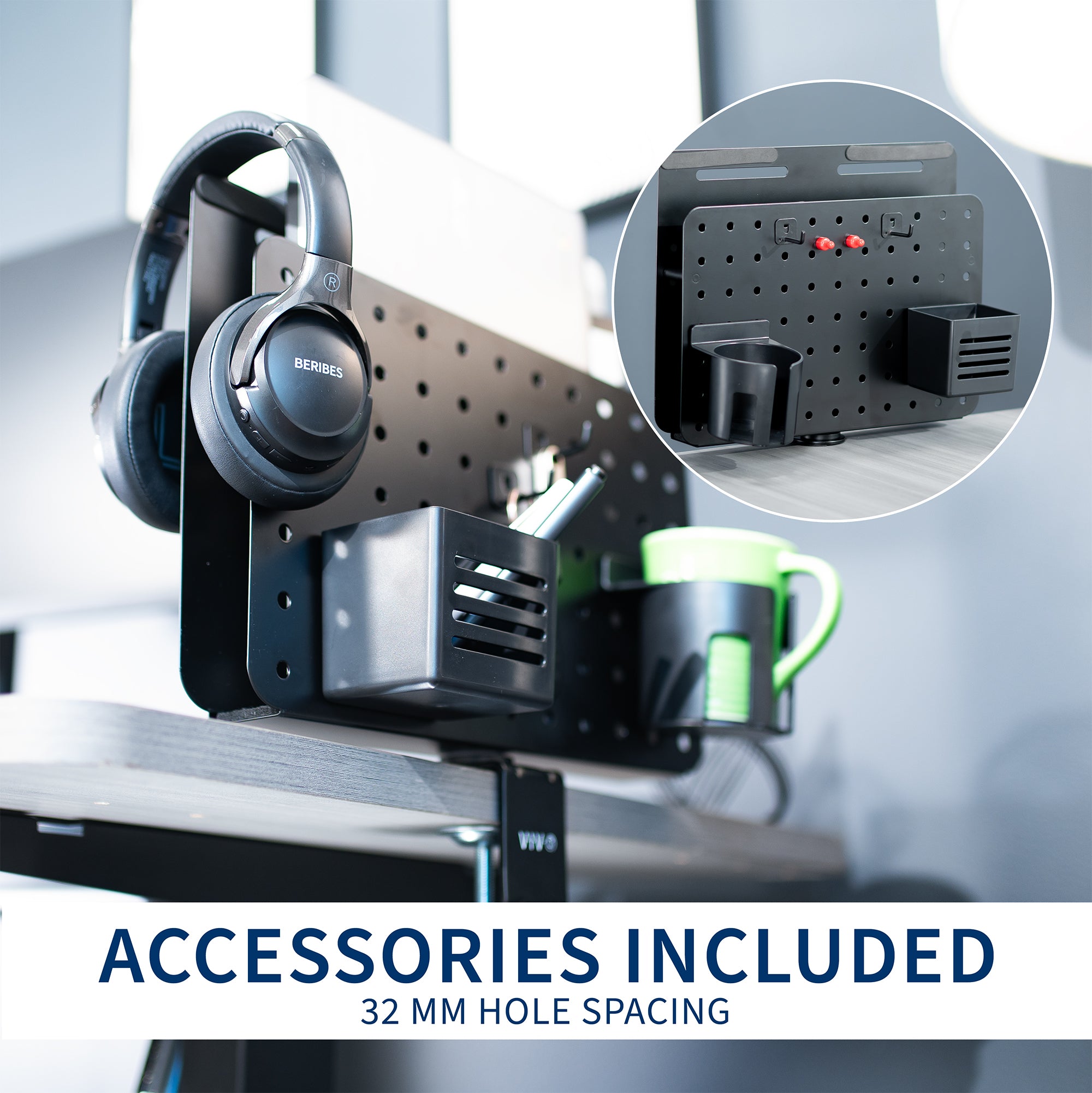 Clamp-on 360-degree rotating pegboard panel with laptop holder for storage and privacy with accessories included. Featuring flexible placement and an easy assembly process.