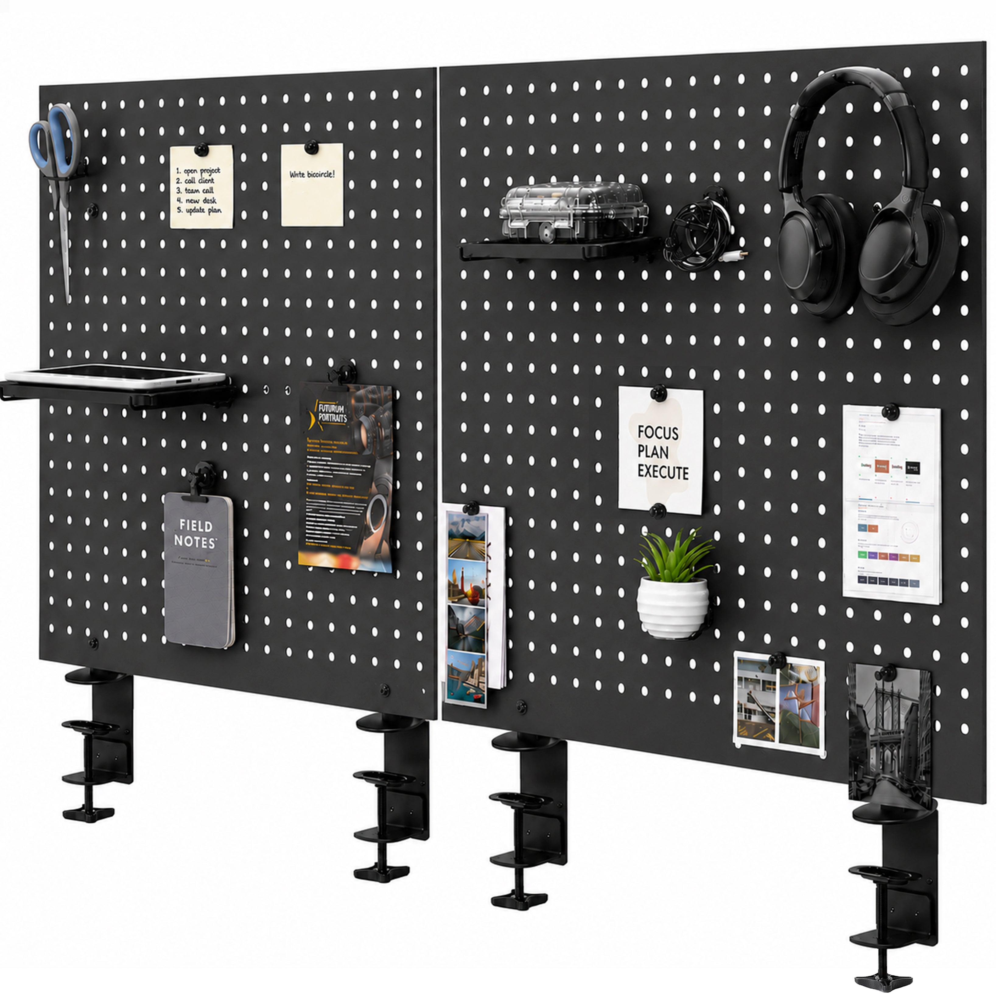 Clamp-on Desk Back Pegboard Panel & Accessory Holder on white background