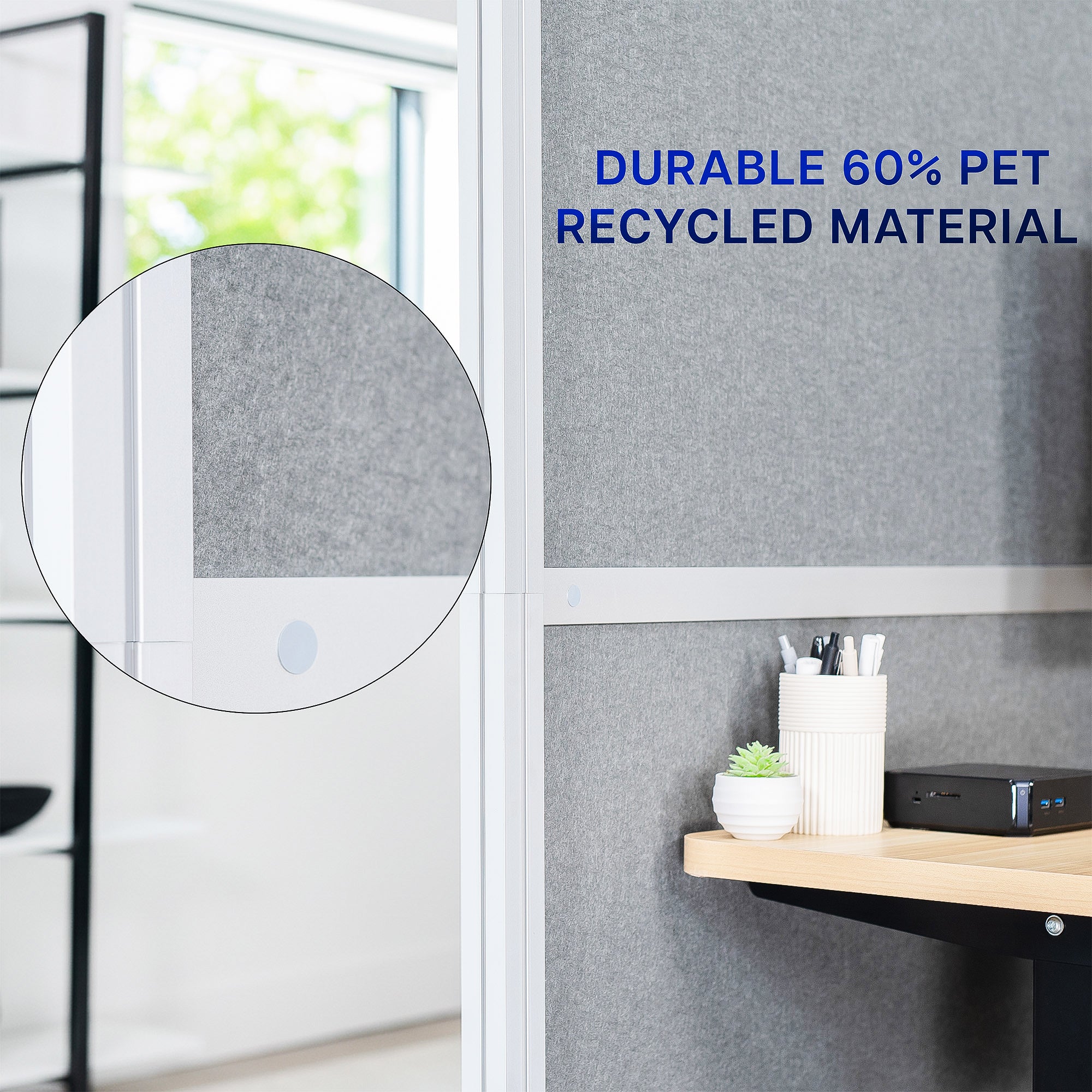 Mobile Modular Wall System Freestanding Room Dividers with text about durable 60% PET recycled material, close-up of material texture.