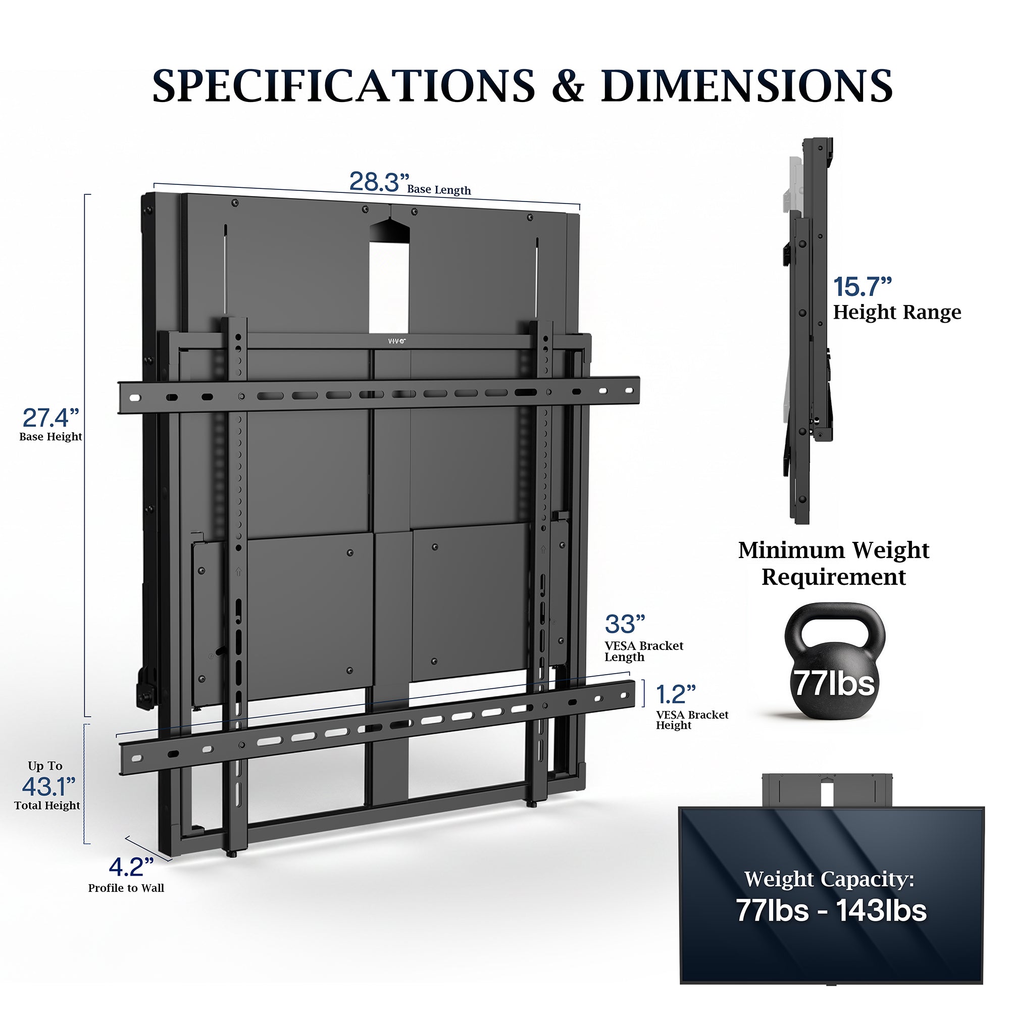 PRO Manual Height Adjustable TV and Display Wall Mount Specifications & Dimensions