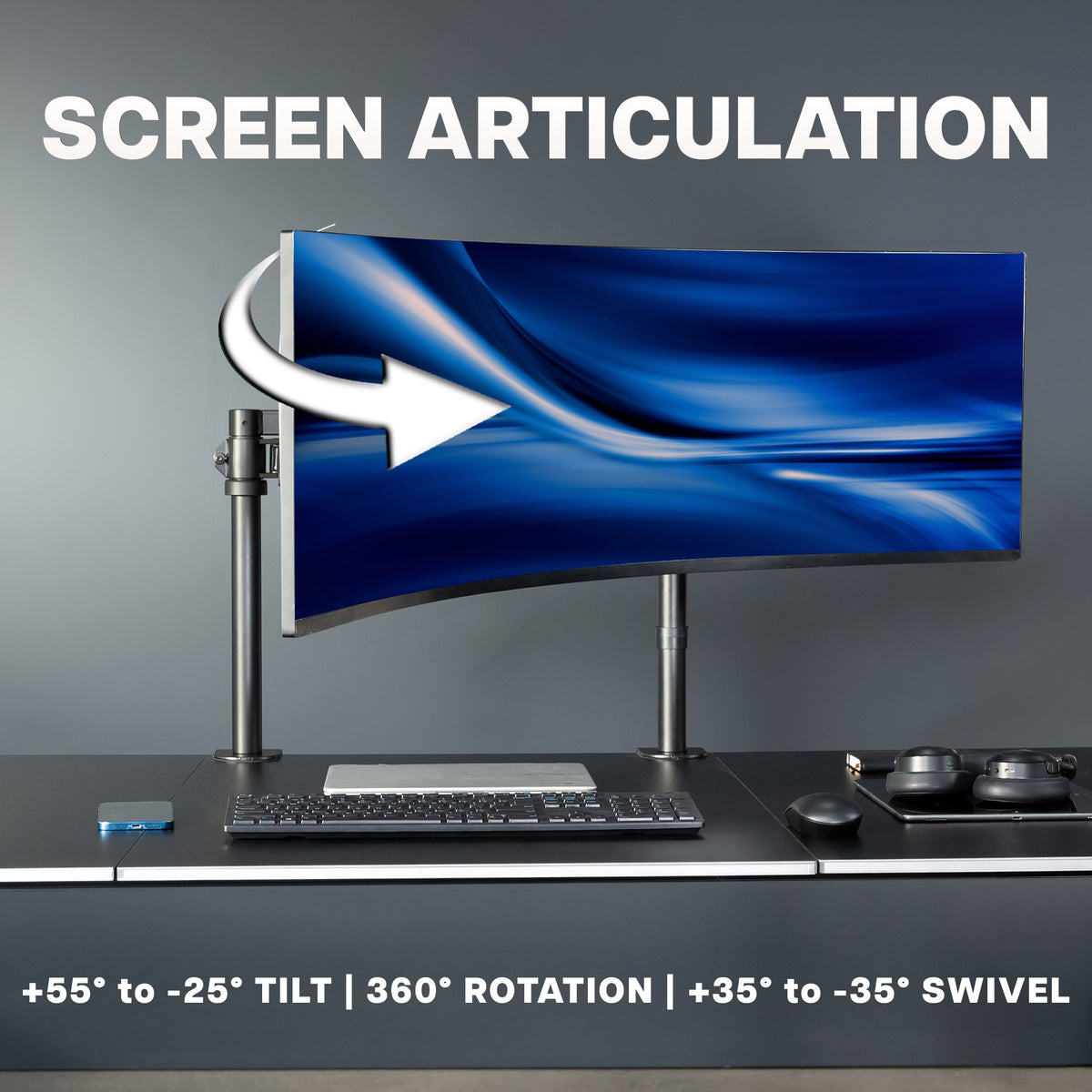 A curved desktop monitor on a stand with large text reading 'SCREEN ARTICULATION' and feature callouts about tilt, rotation, and swivel. The monitor displays a blue abstract wallpaper, and the setup is shown on a dark desk against a gray background.