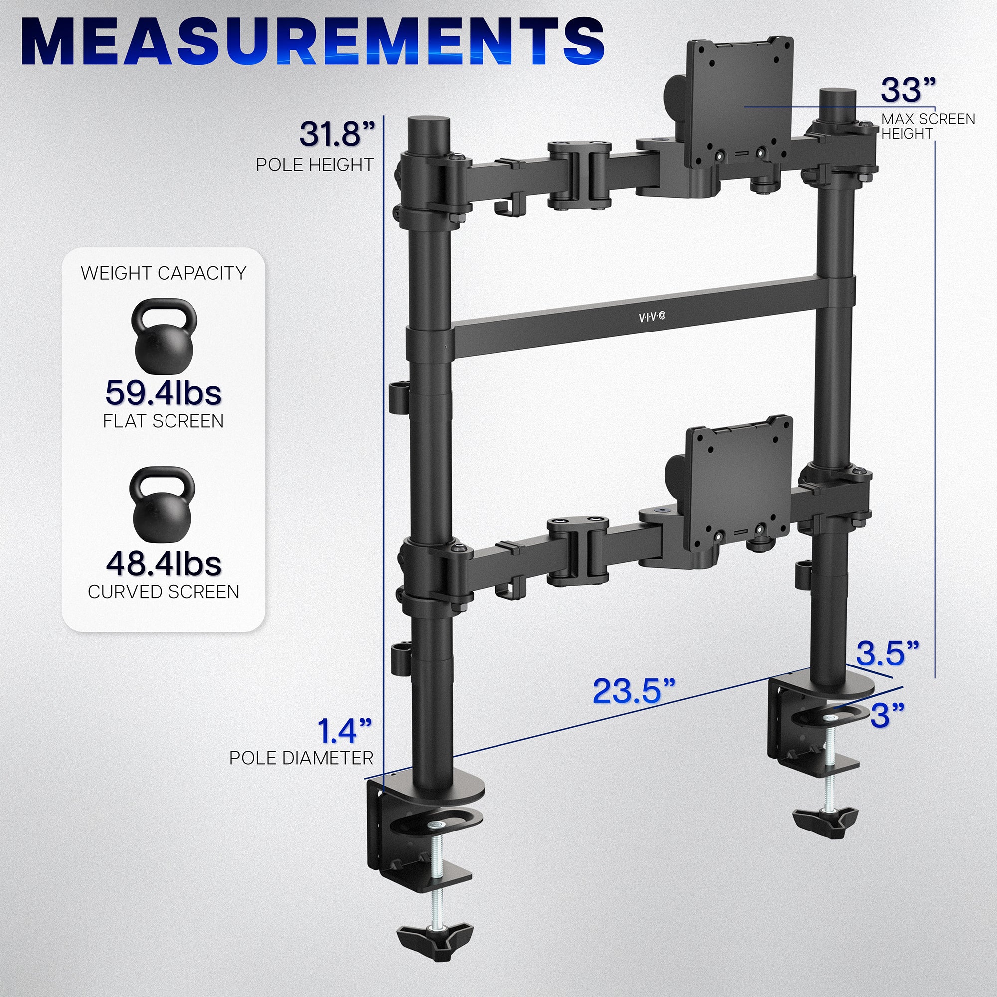 2-Pole Dual Ultrawide Vertical Monitor Desk Mount - Up to 57" Screens