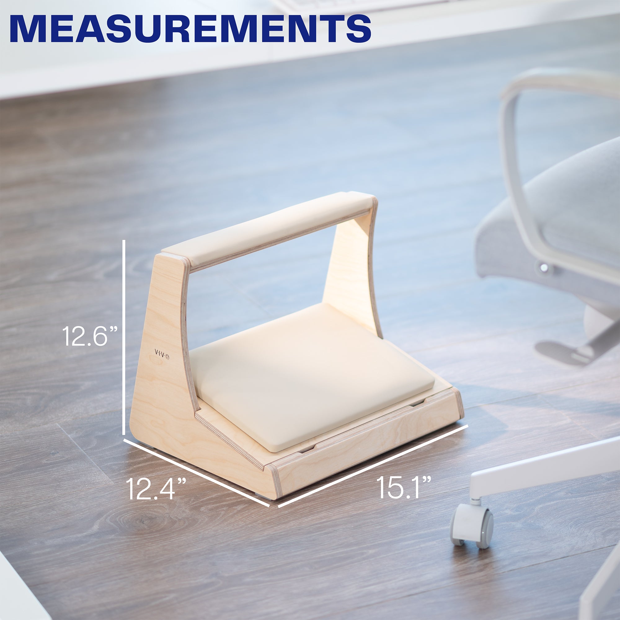 Measurement chart of a wooden footrest on a wooden floor with dimensions displayed.