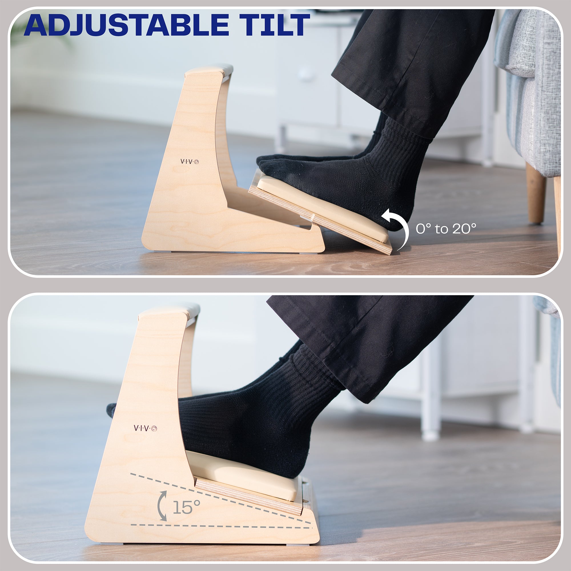 Adjustable footrest with tilt feature shown in use.