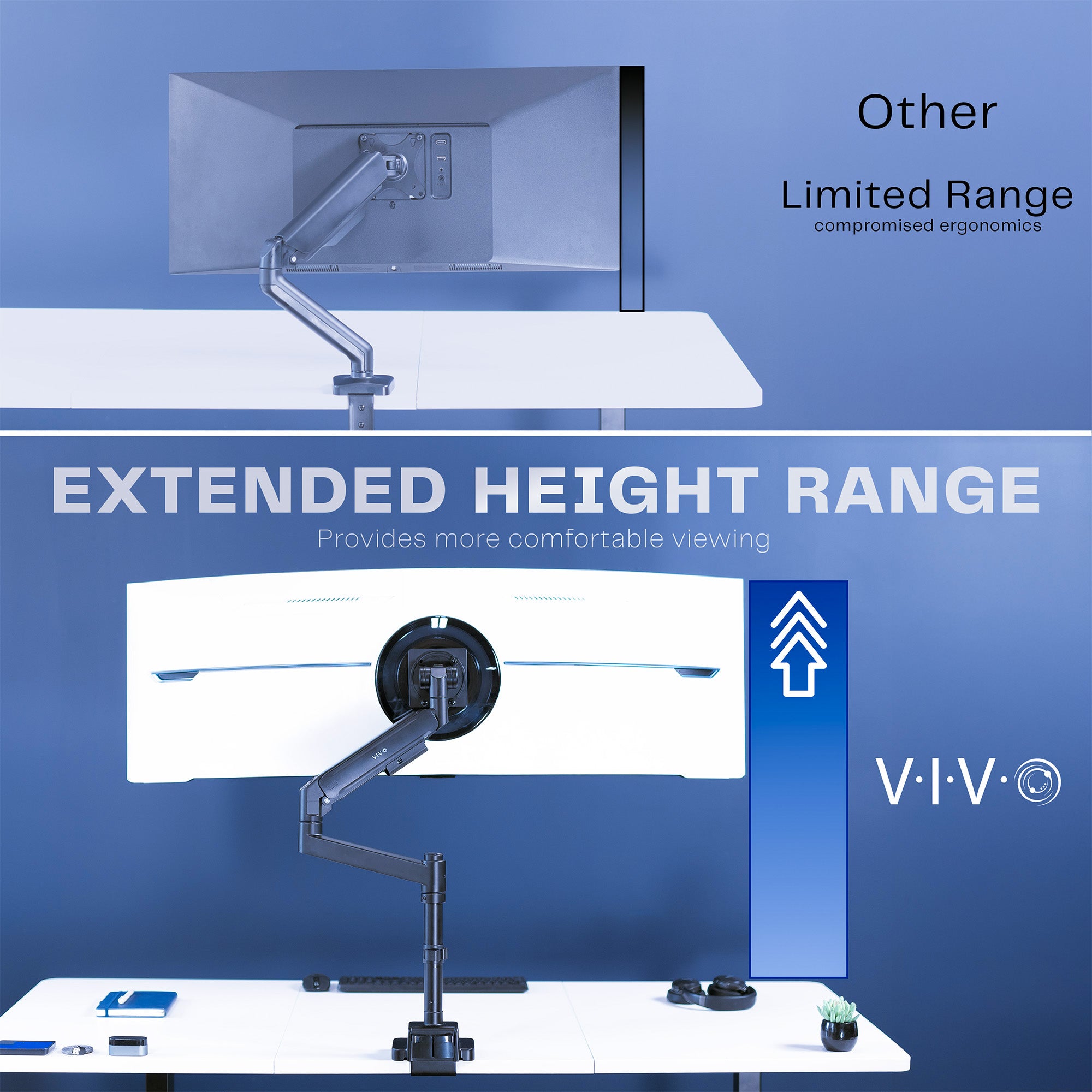 Comparison between other brands and VIVO for single ultrawide monitor mount.