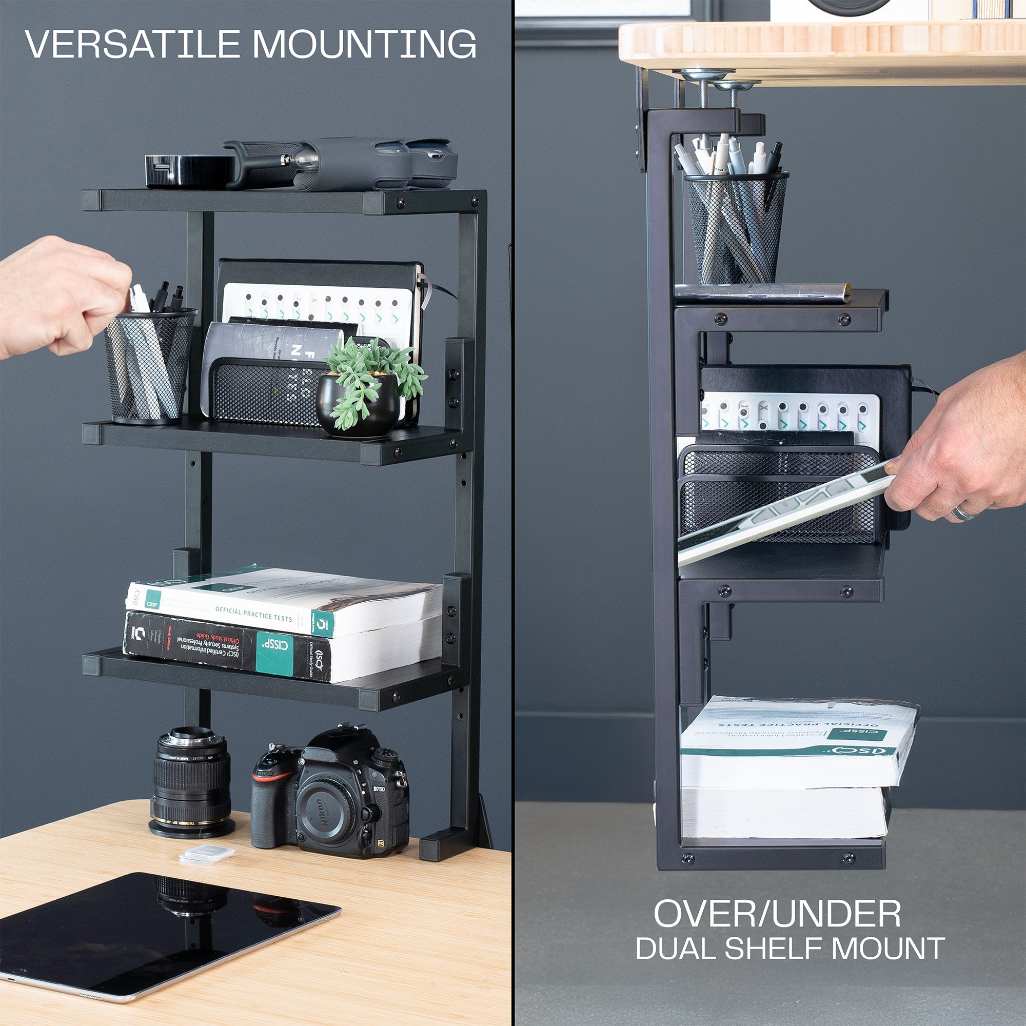 A black 13-inch clamp-on 3-tier shelving unit for desks either over or under.
