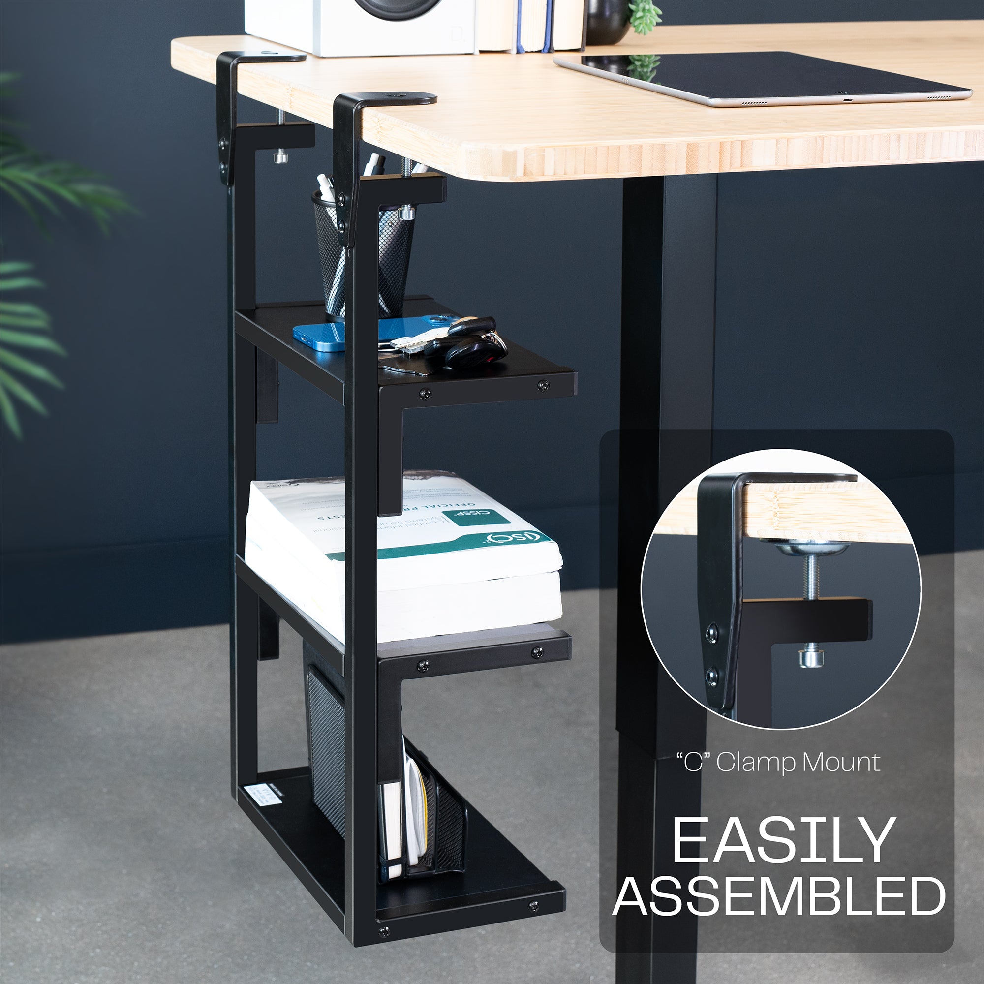 A black 13-inch clamp-on 3-tier shelving unit for desks with text displaying easy assembly.