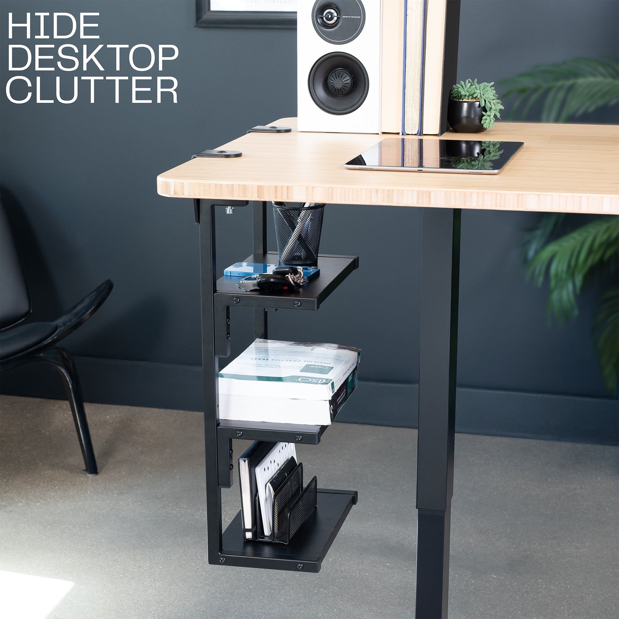 A black 13-inch clamp-on 3-tier shelving unit for desks to hide clutter.