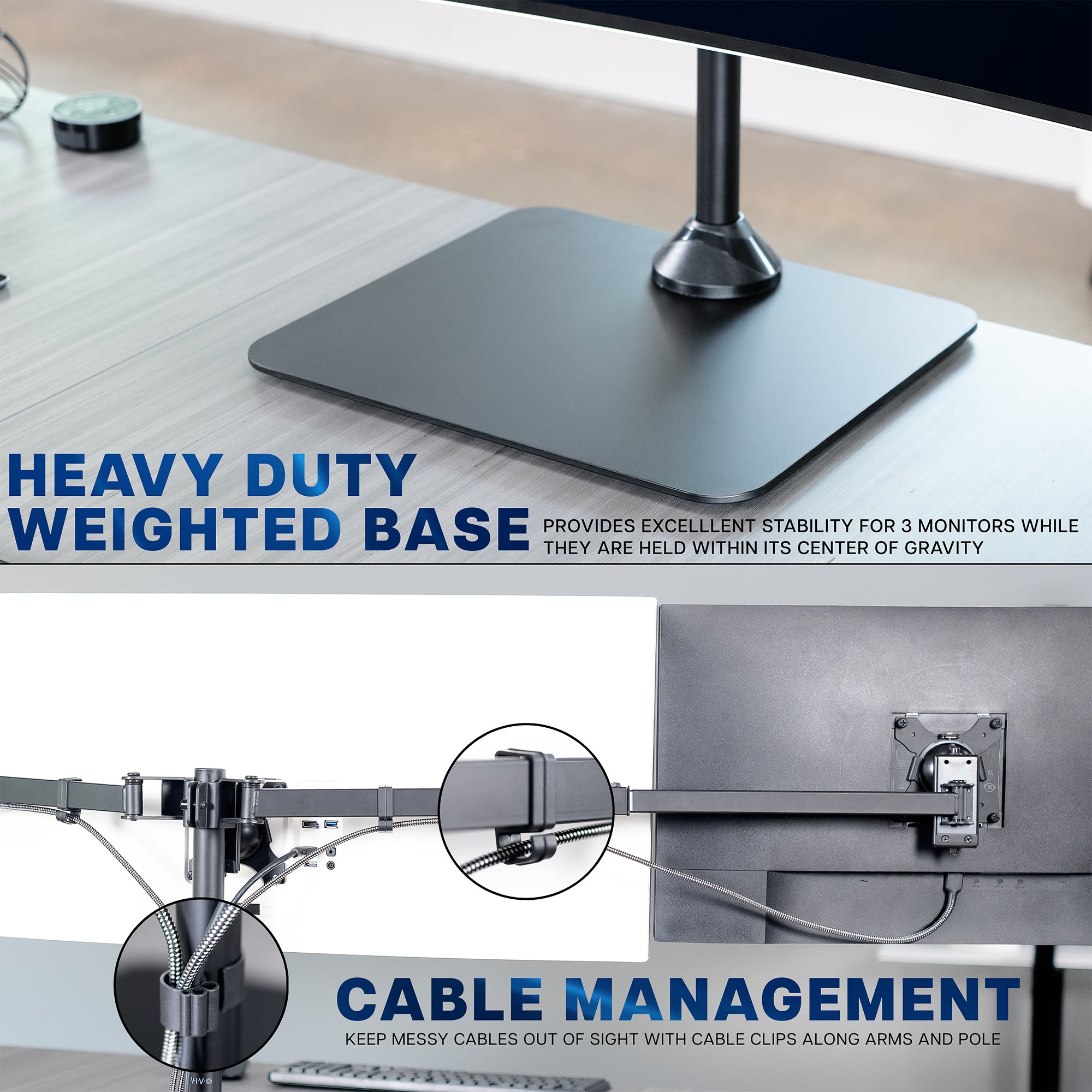 Heavy-duty weighted base and cable management system for multiple monitors on a desk.