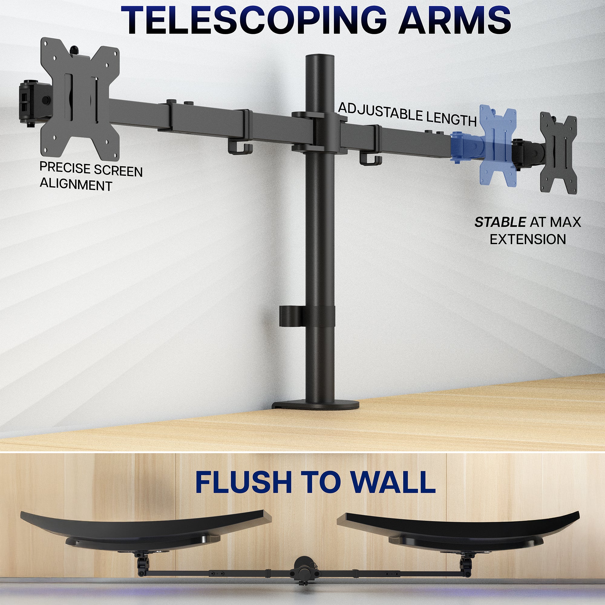 Monitor stand with telescoping arms and adjustable length on a wooden desk surface and white wall background.